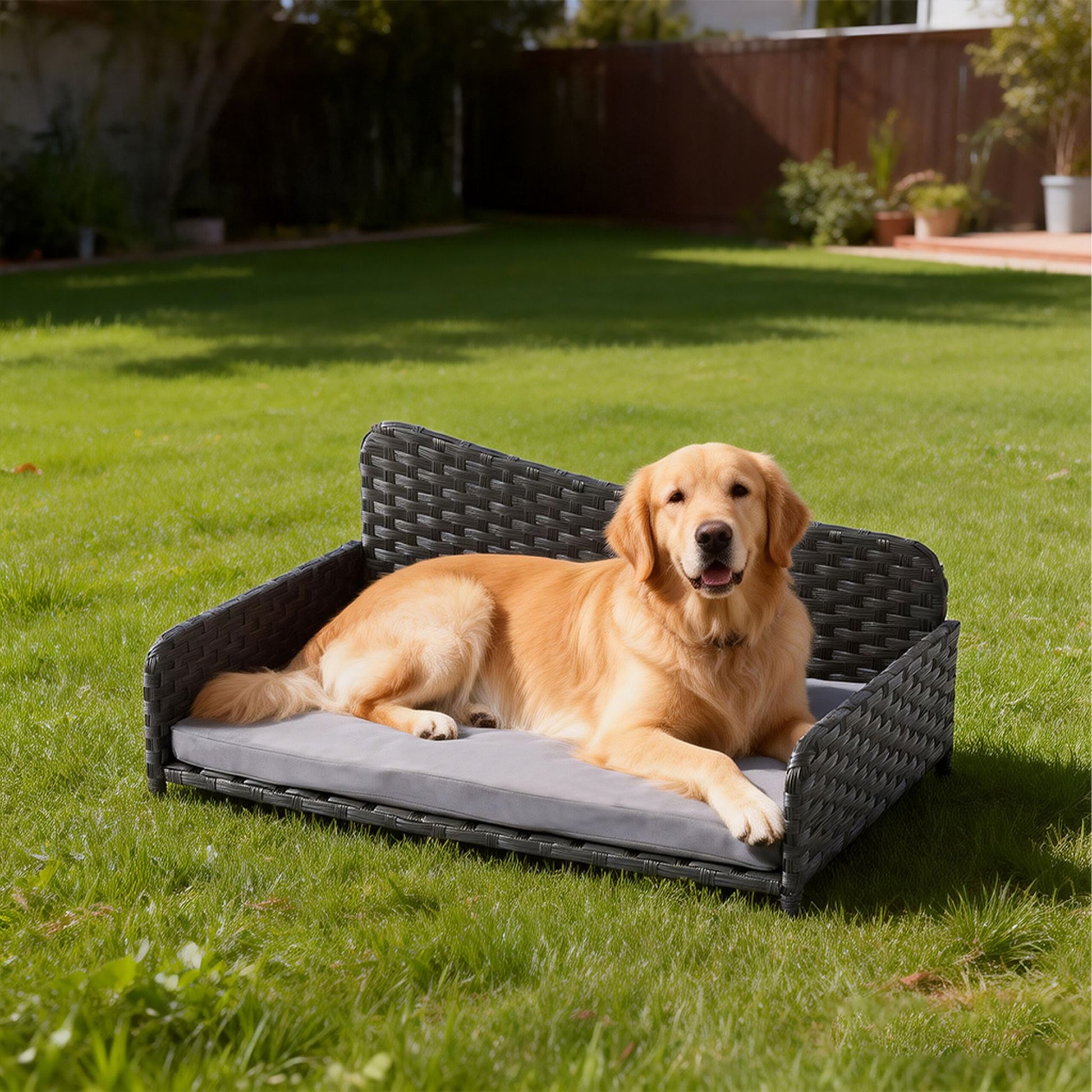 Hundebett Rattan mit Kissen Anthrazit-Grau von Relaxdays