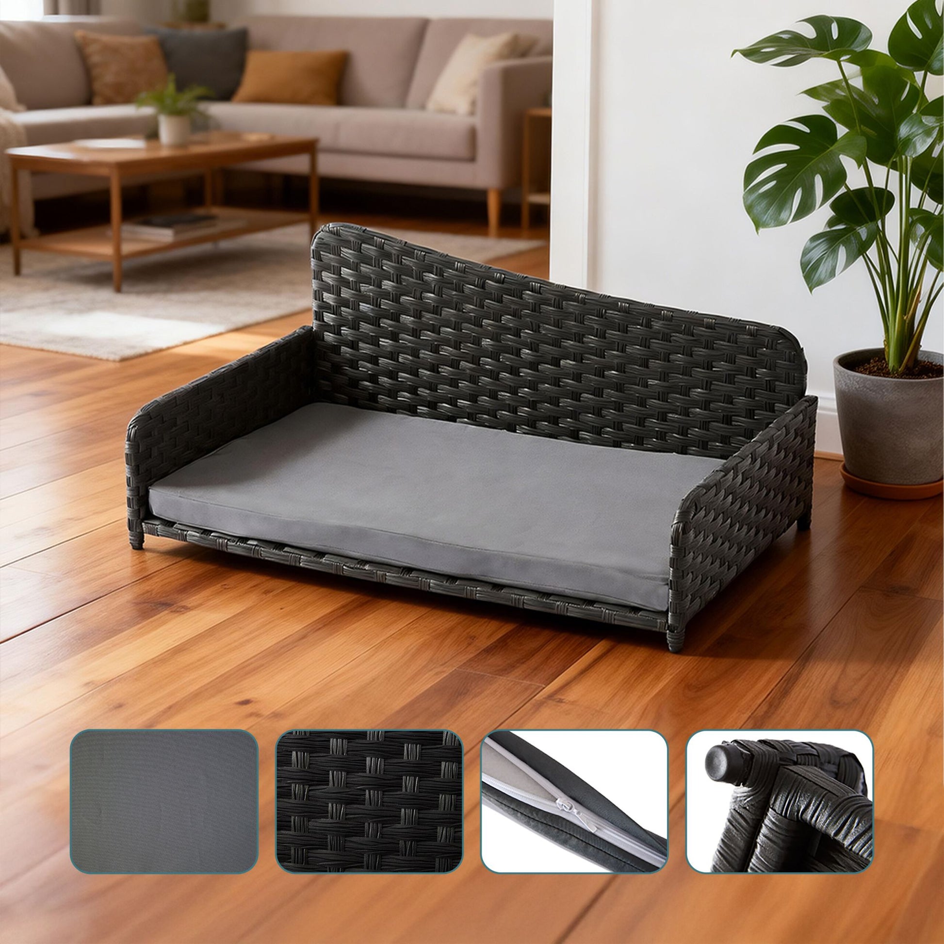Hundebett Rattan mit Kissen Anthrazit-Grau von Relaxdays