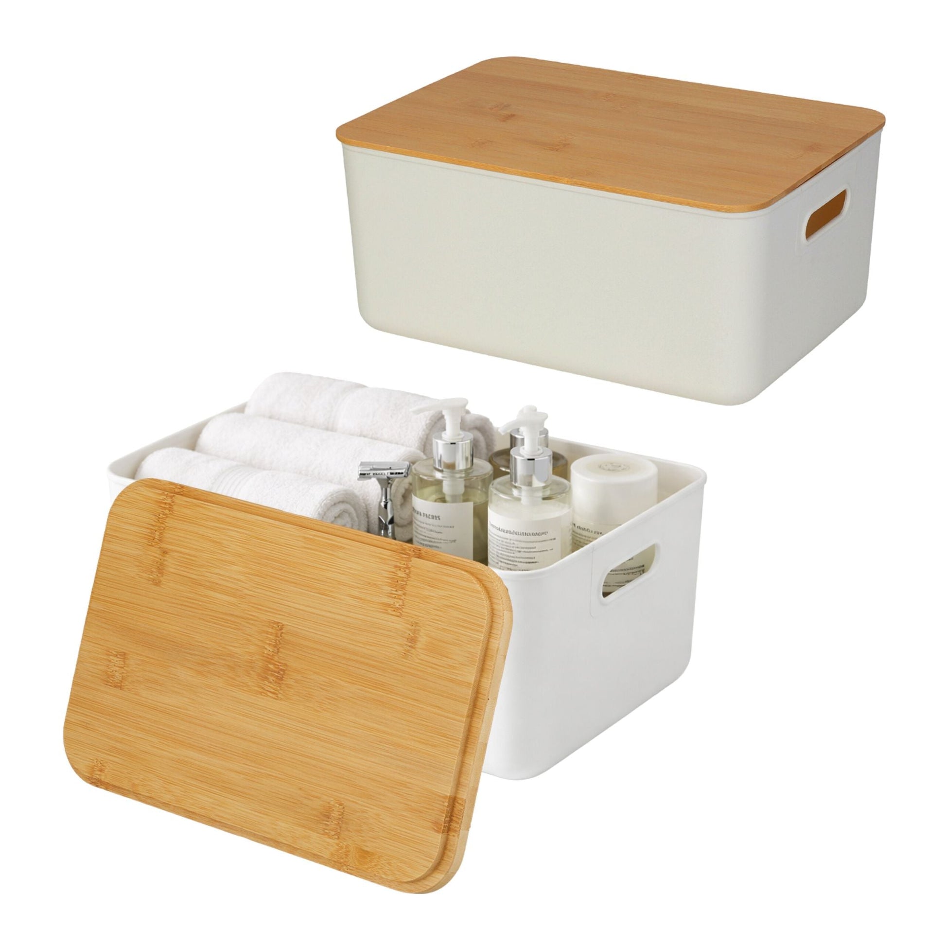 Aufbewahrungsbox mit Bambusdeckel Set Weiss-Hellbraun von Relaxdays