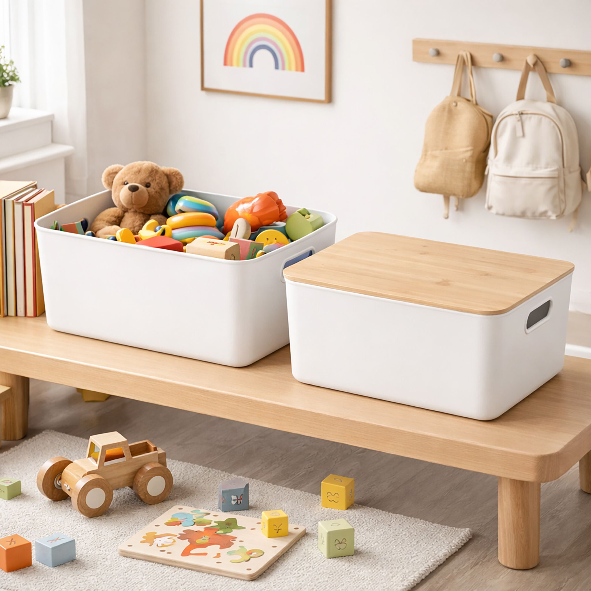 Aufbewahrungsbox mit Bambusdeckel Set Weiss-Hellbraun von Relaxdays