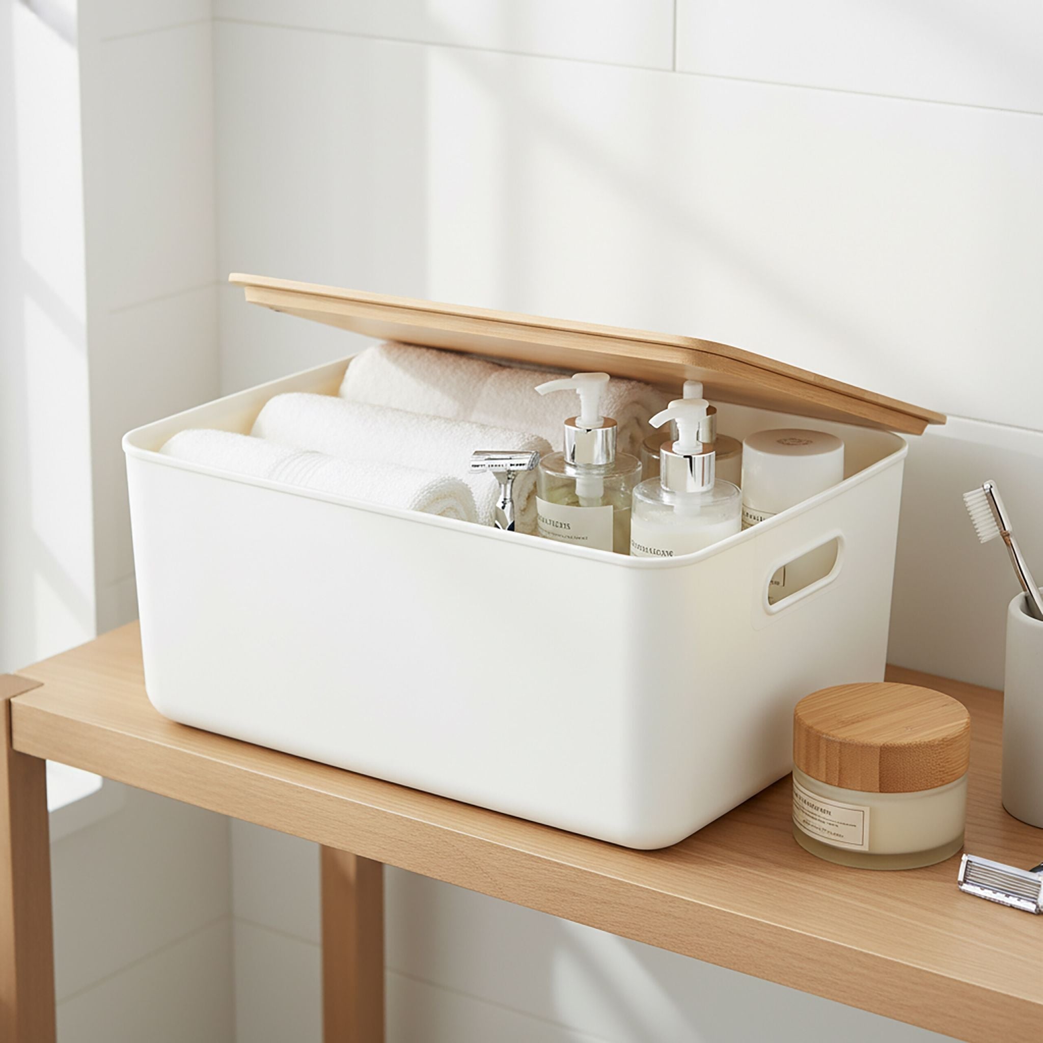 Aufbewahrungsbox mit Bambusdeckel Set Weiss-Hellbraun von Relaxdays