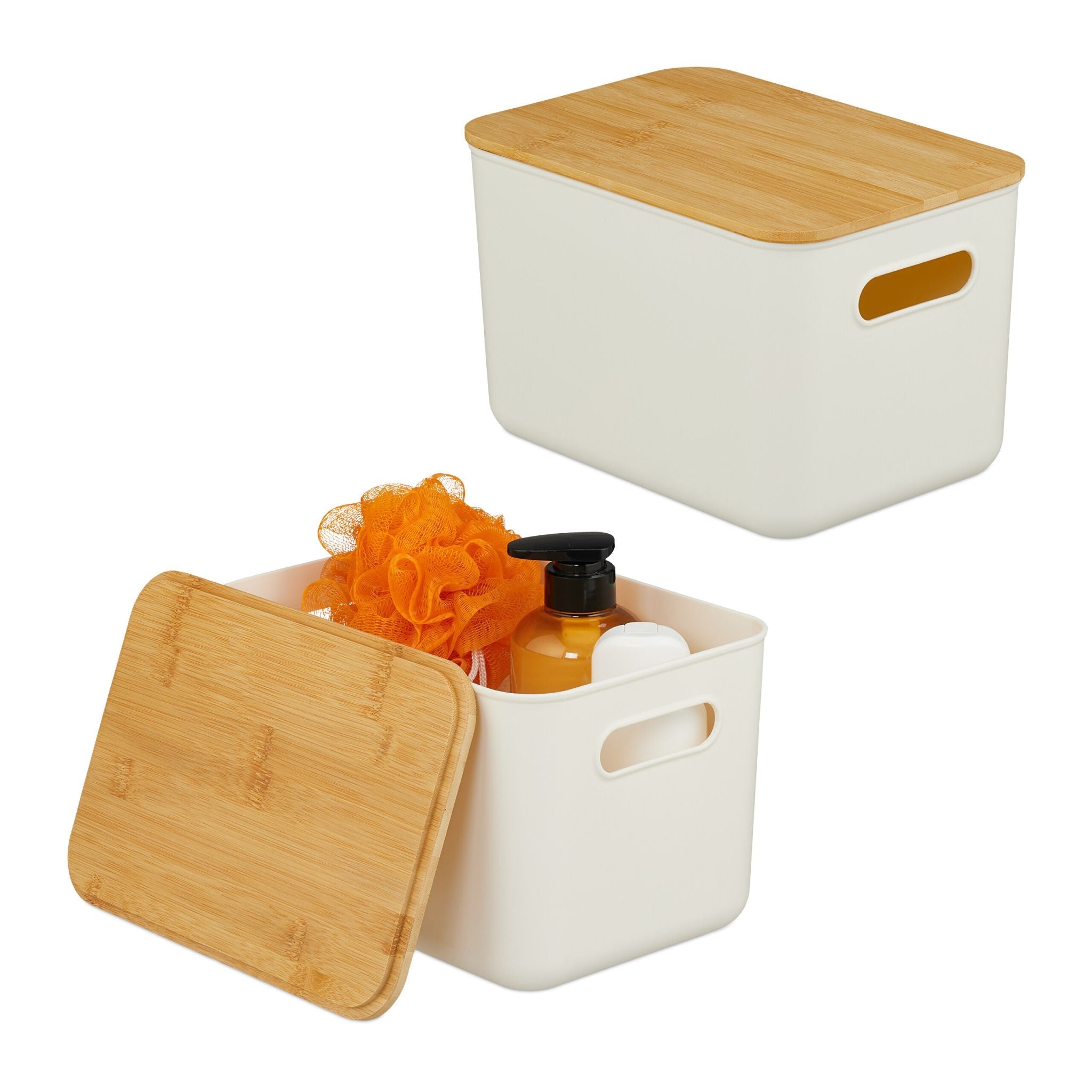 Aufbewahrungsbox mit Bambusdeckel Set Weiss-Hellbraun von Relaxdays