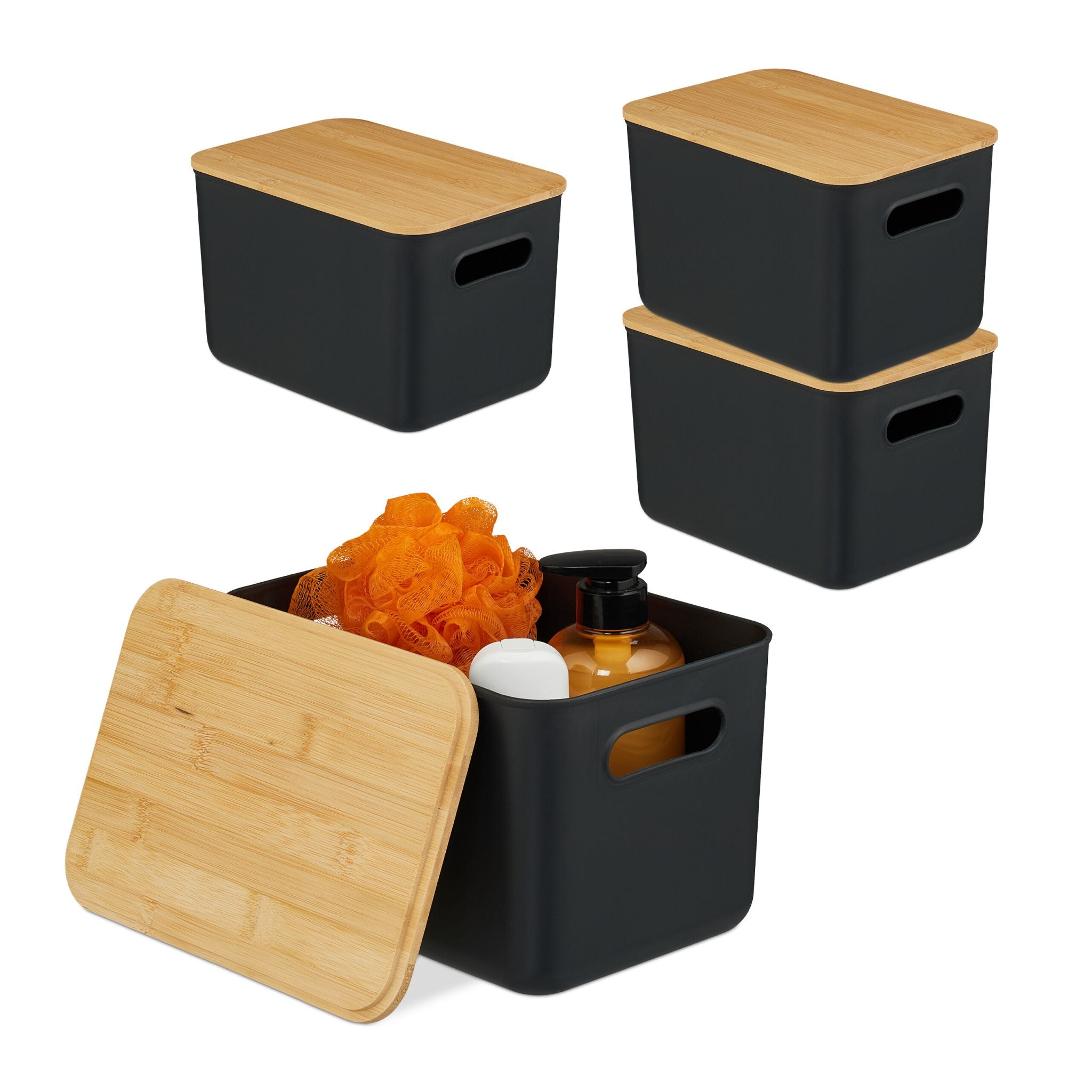 Aufbewahrungsbox mit Bambusdeckel Set Hellbraun-Schwarz von Relaxdays