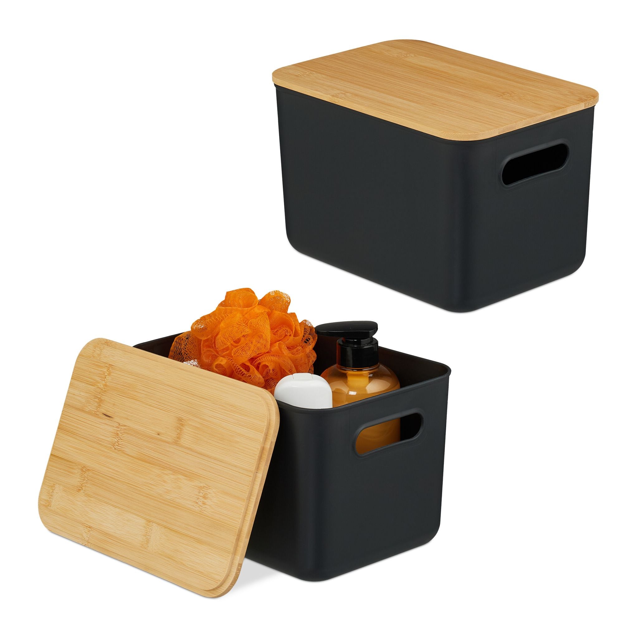 Aufbewahrungsbox mit Bambusdeckel Set Hellbraun-Schwarz von Relaxdays