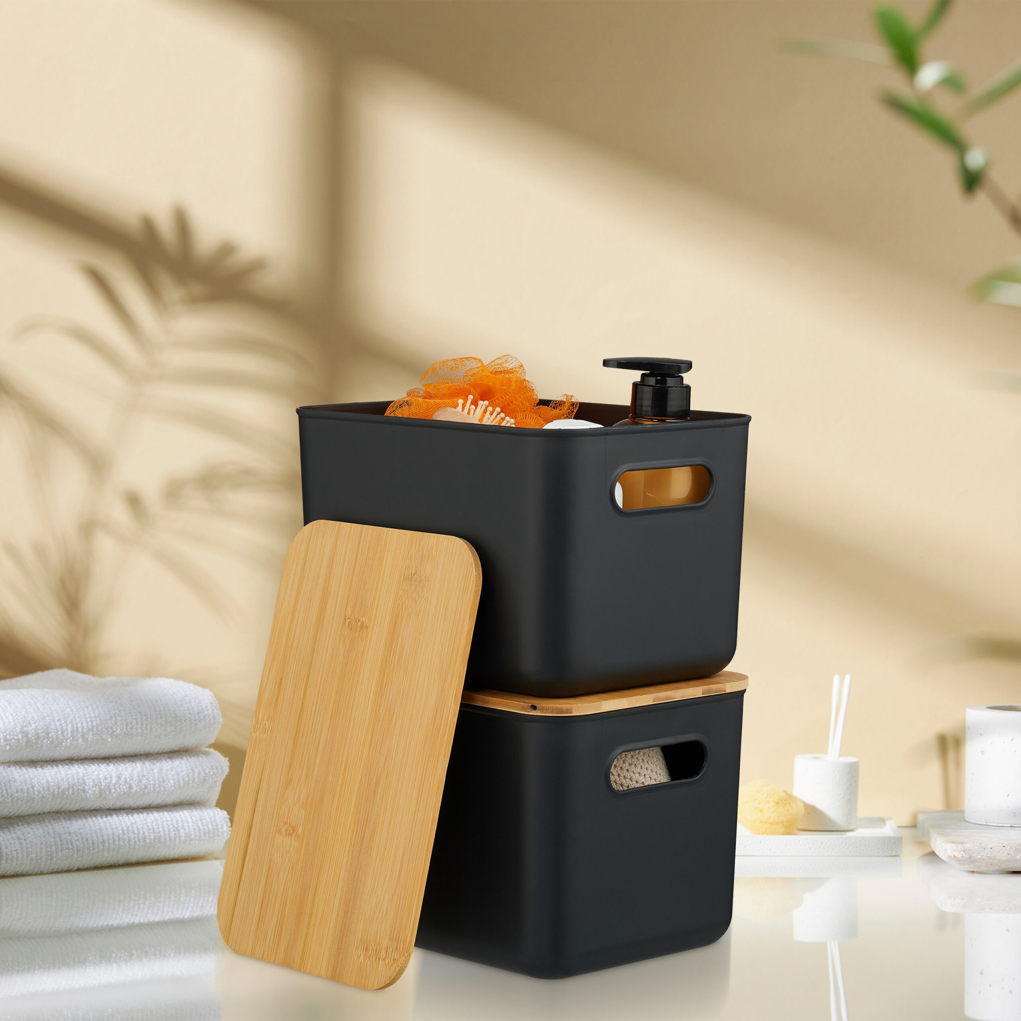 Aufbewahrungsbox mit Bambusdeckel Set Hellbraun-Schwarz von Relaxdays