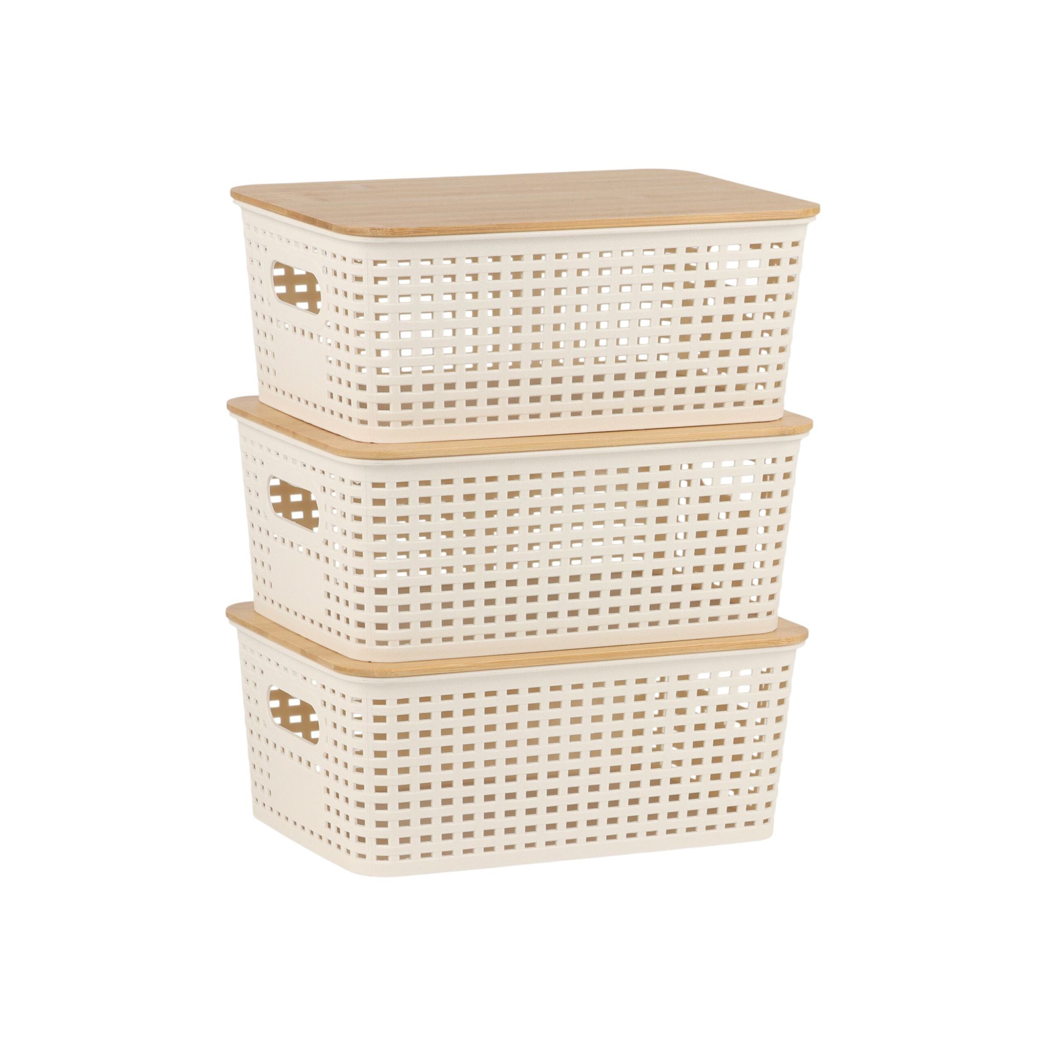 Aufbewahrungsbox mit Bambusdeckel Set Weiss-Hellbraun von Relaxdays