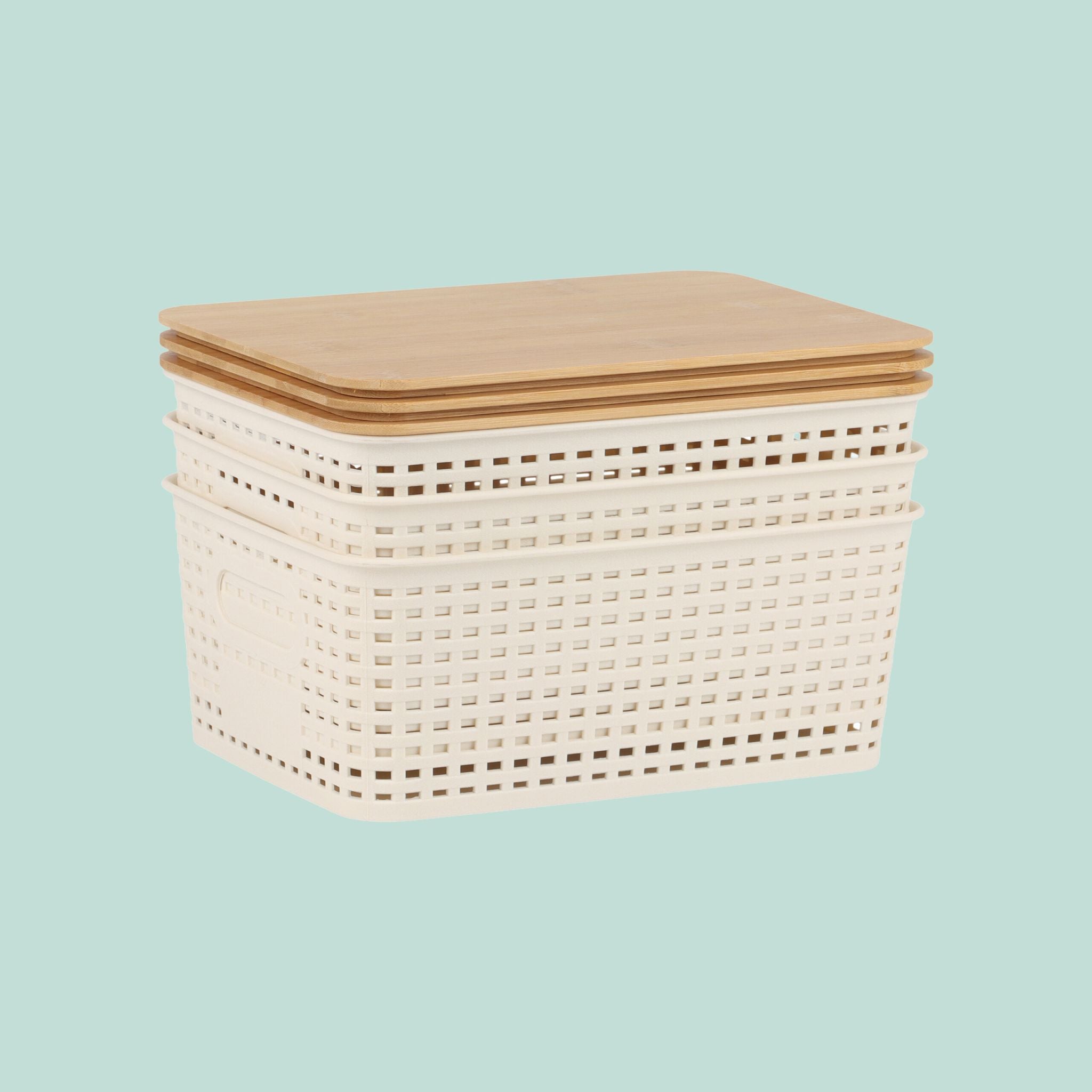 Aufbewahrungsbox mit Bambusdeckel Set Weiss-Hellbraun von Relaxdays