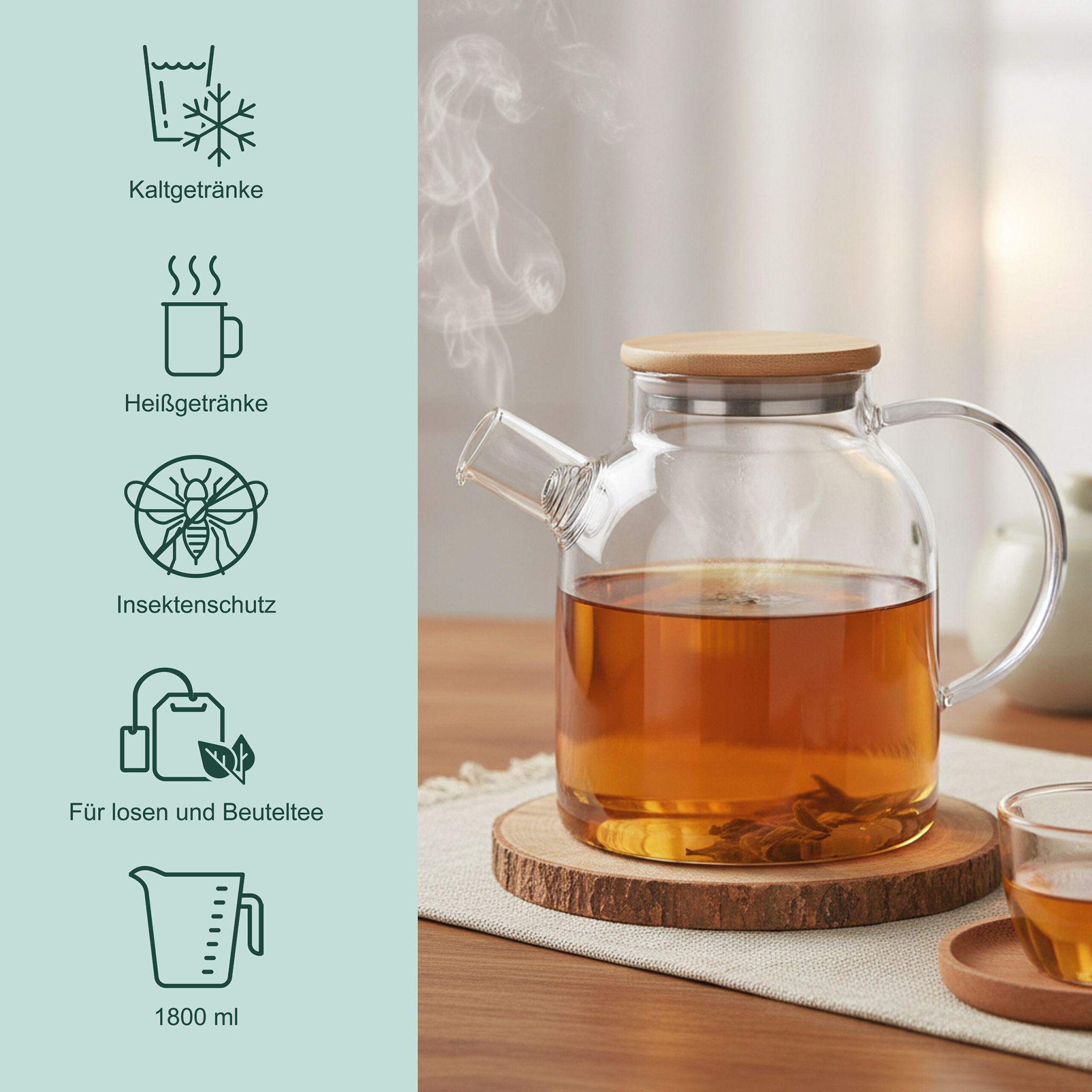 Teekanne Glas mit Bambusdeckel Hellbraun-Silber-Transparent von Relaxdays