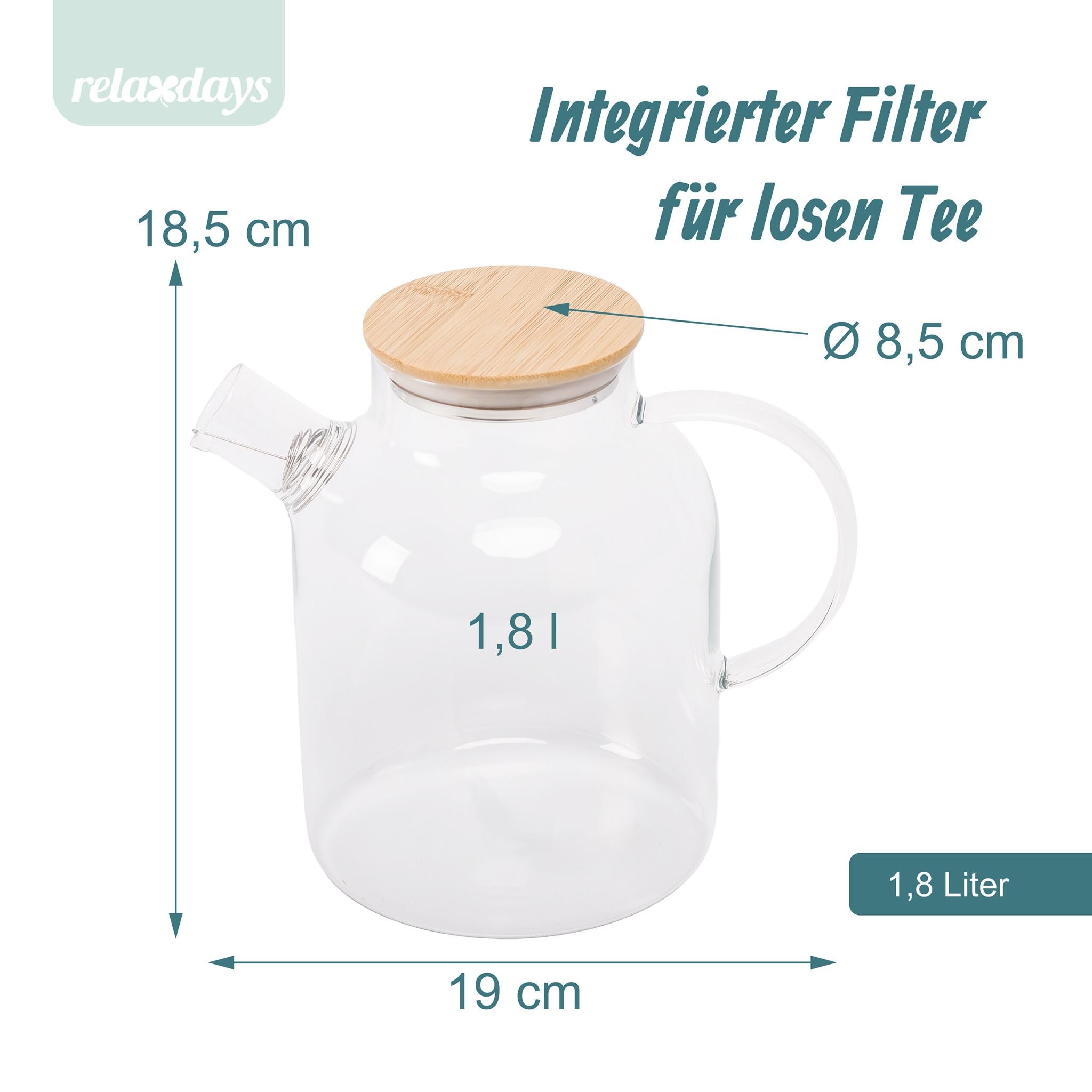 Teekanne Glas mit Bambusdeckel Hellbraun-Silber-Transparent von Relaxdays