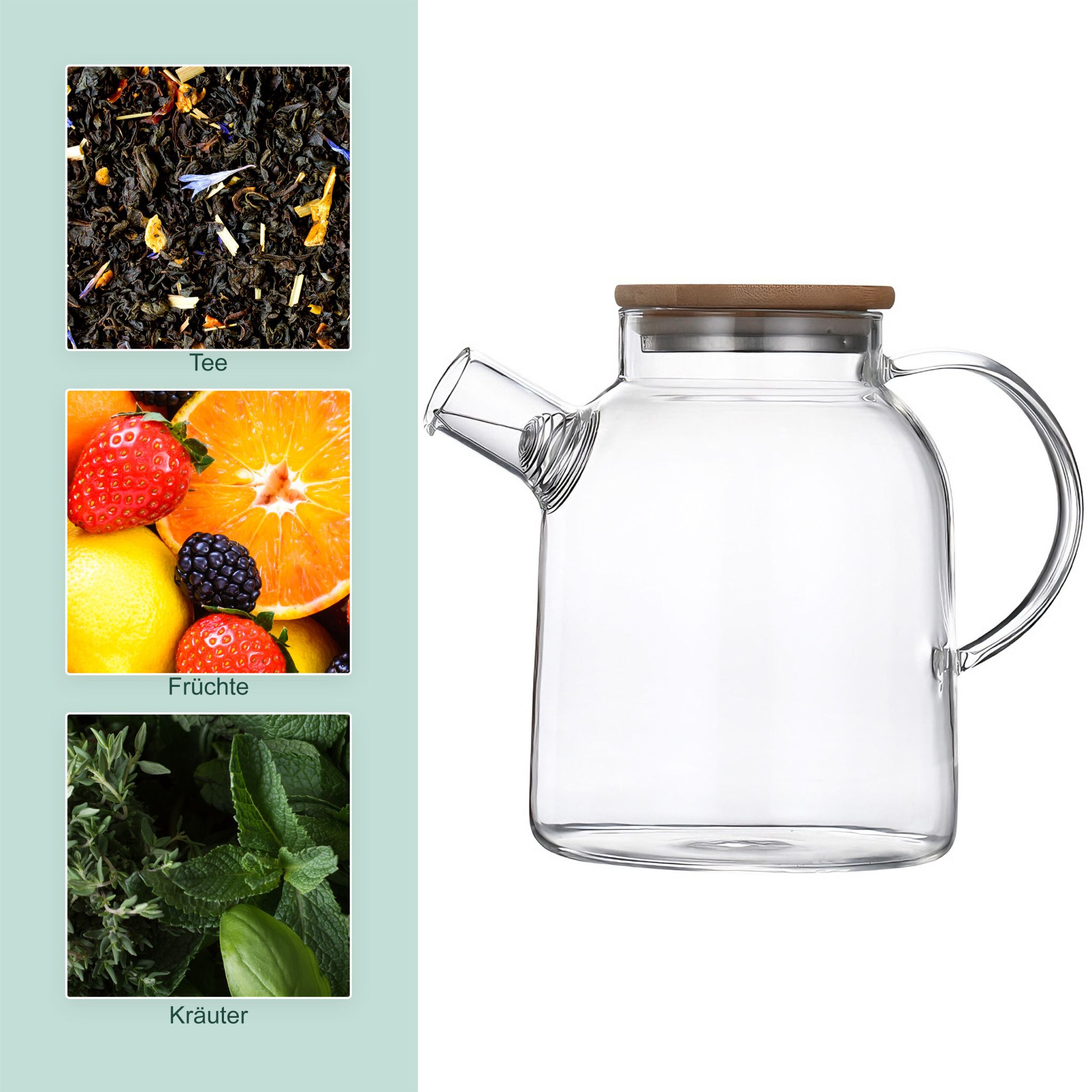 Teekanne Glas mit Bambusdeckel Hellbraun-Silber-Transparent von Relaxdays