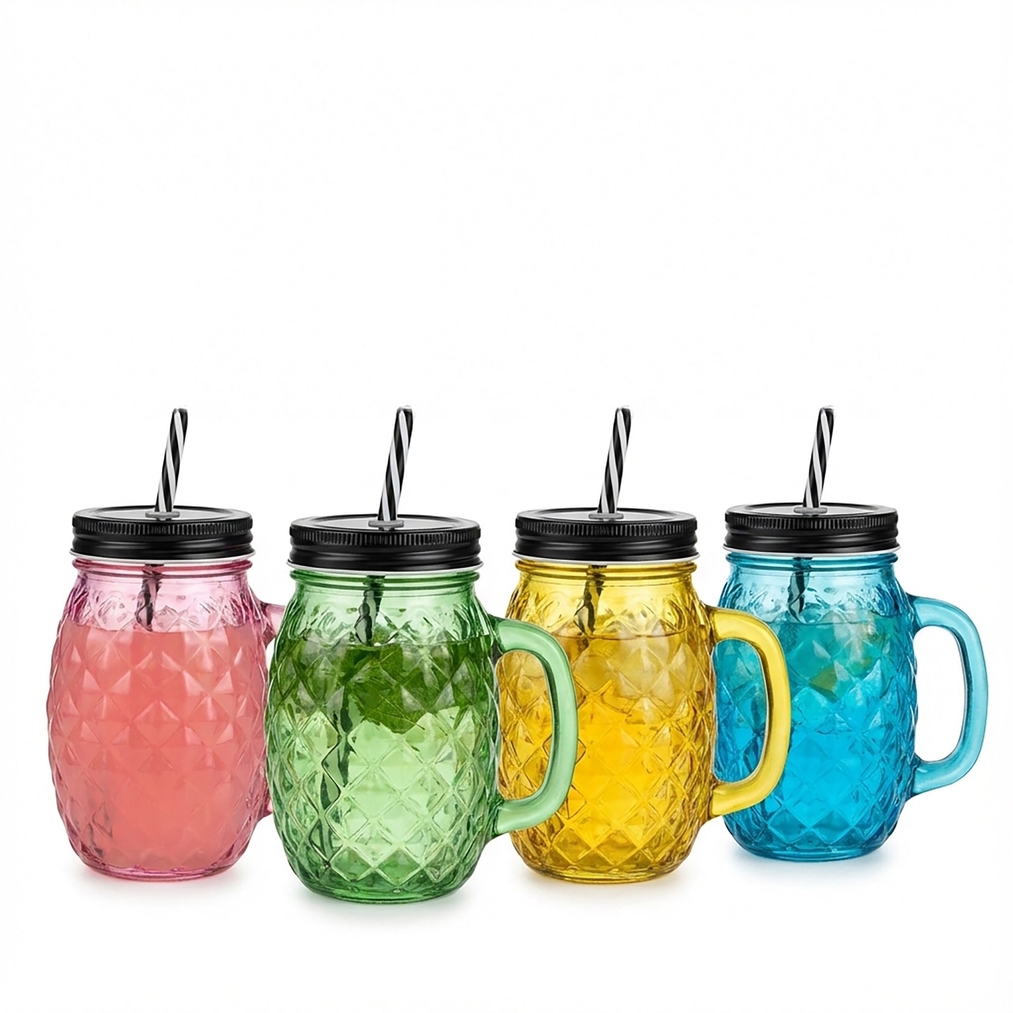Trinkgläser mit Deckel 4er-Set Ananas Blau-Gelb-Rot von Relaxdays