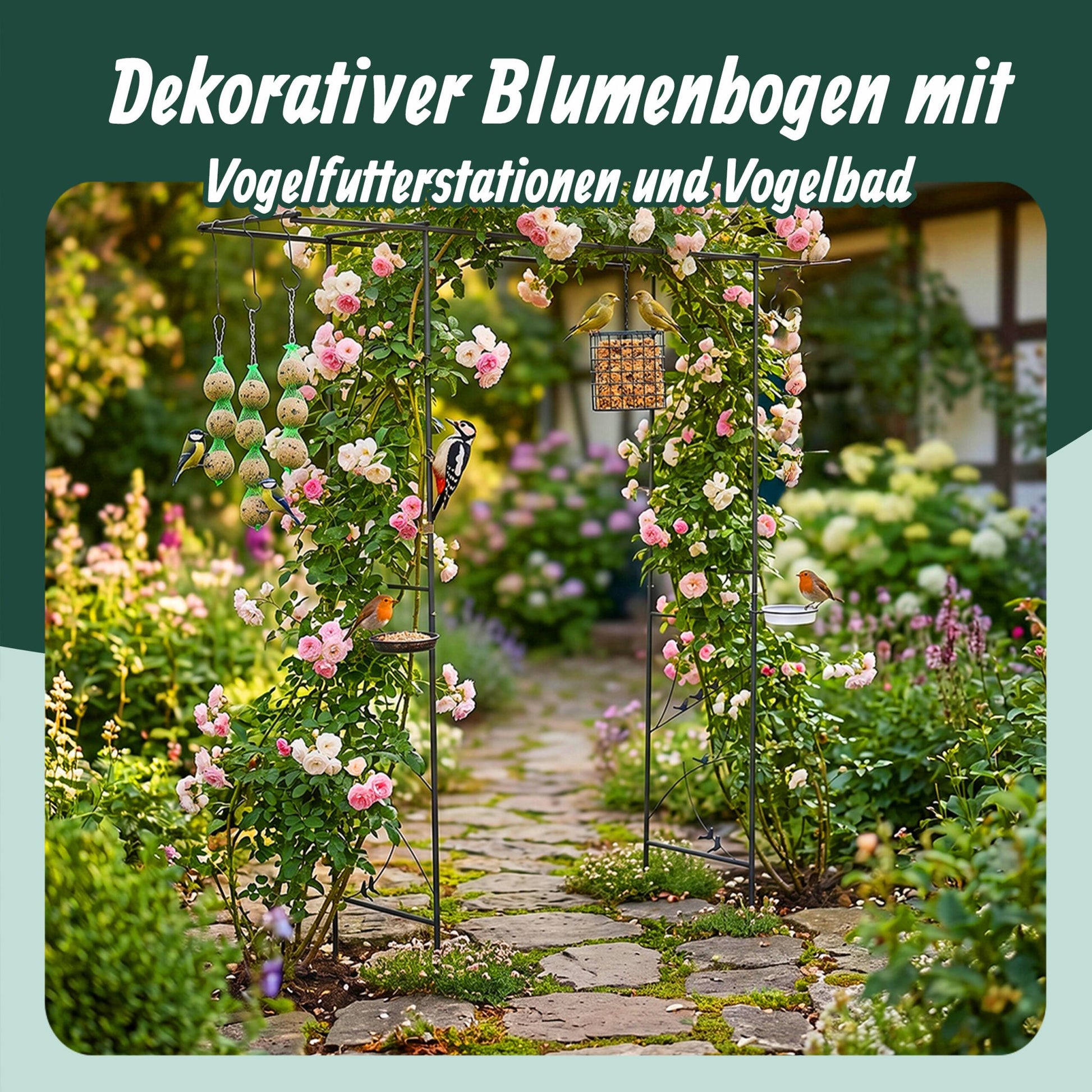 Rosenbogen mit Vogelbad & Futterstation Schwarz von Relaxdays