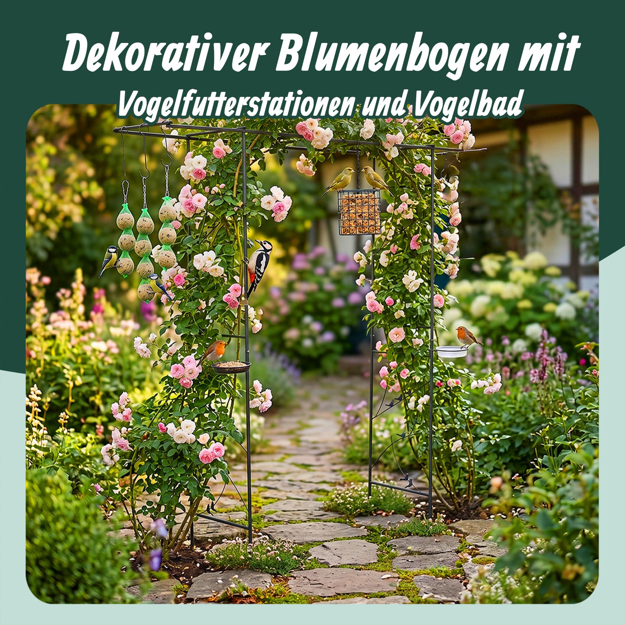 Rosenbogen mit Vogelbad & Futterstation Schwarz von Relaxdays