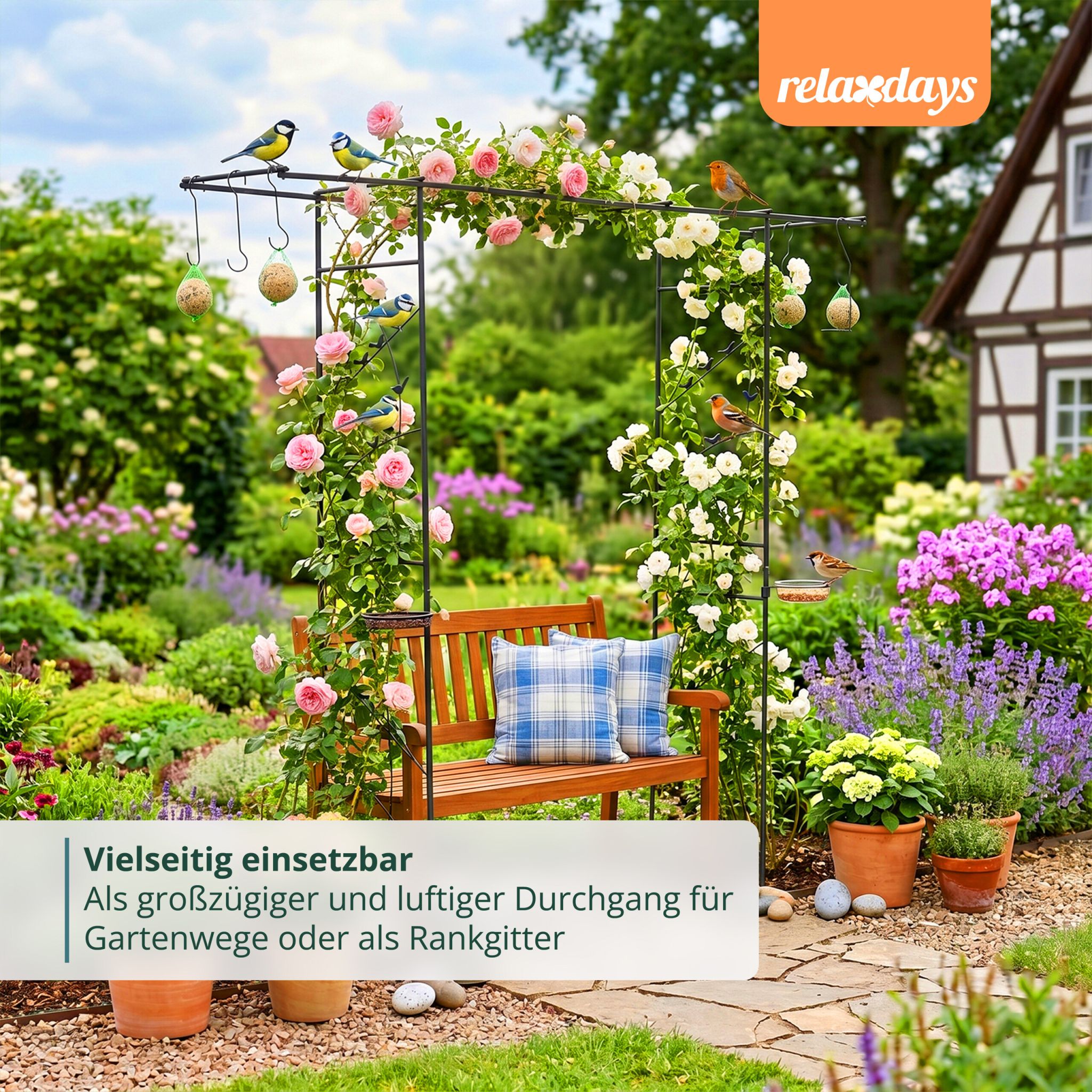 Rosenbogen mit Vogelbad & Futterstation Schwarz von Relaxdays