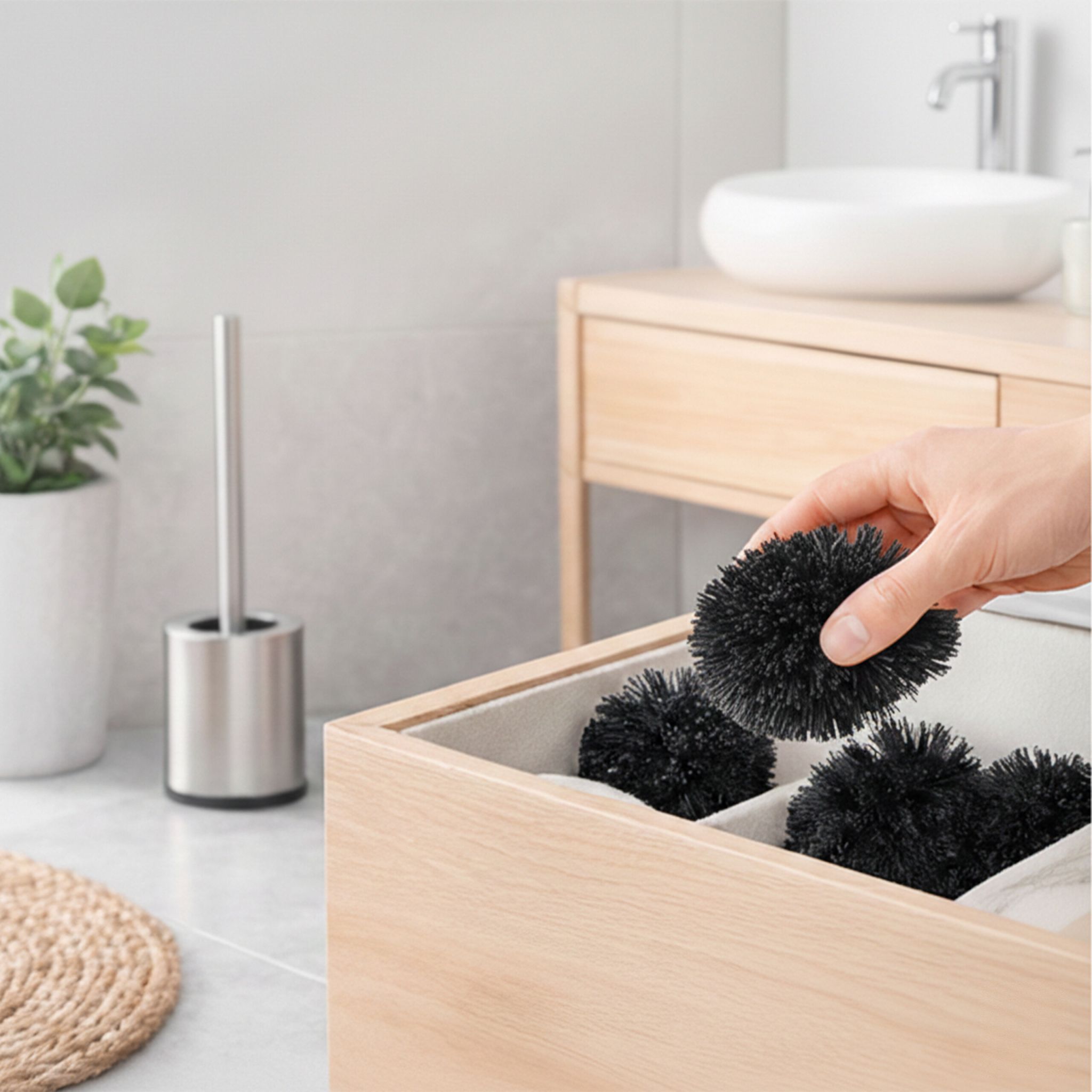 WC Bürste mit 5 Bürstenköpfen D 8cm Schwarz-Silber