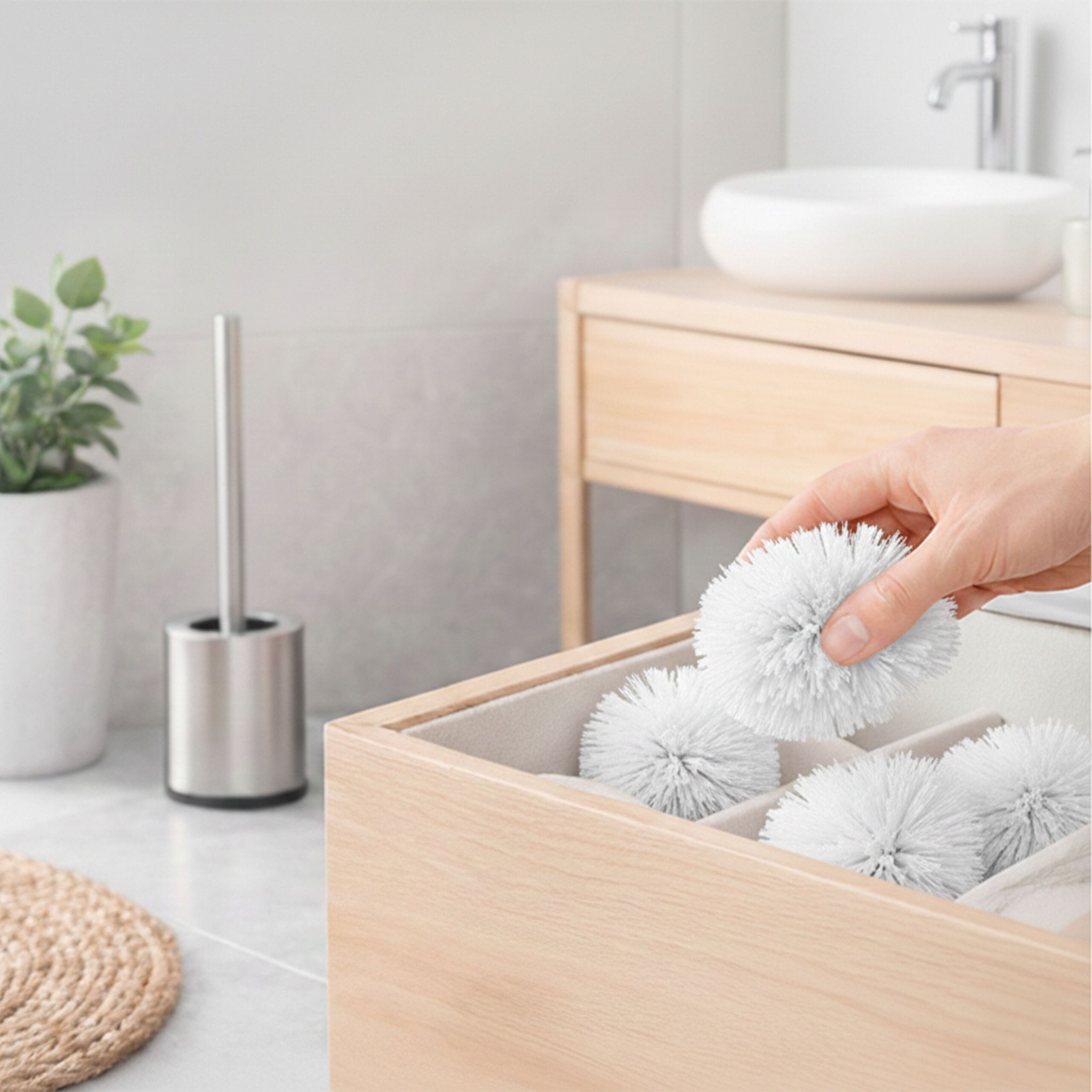 WC Bürste mit 5 Bürstenköpfen D 8cm Weiss-Silber