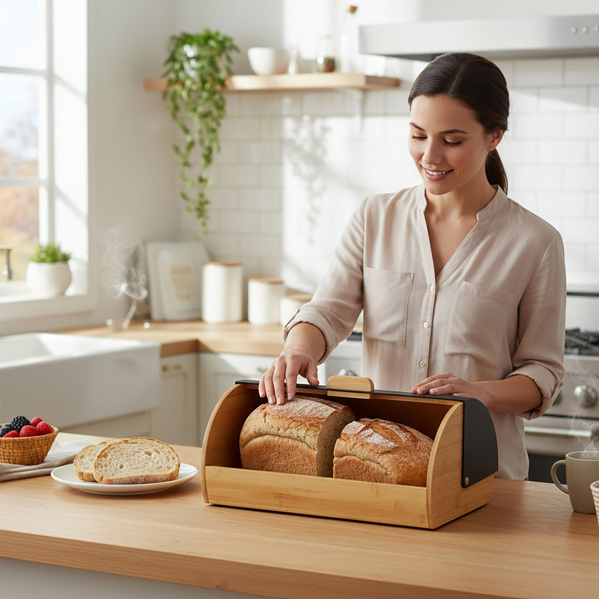 Brotkasten Bambus mit Klappdeckel Hellbraun-Schwarz von Relaxdays