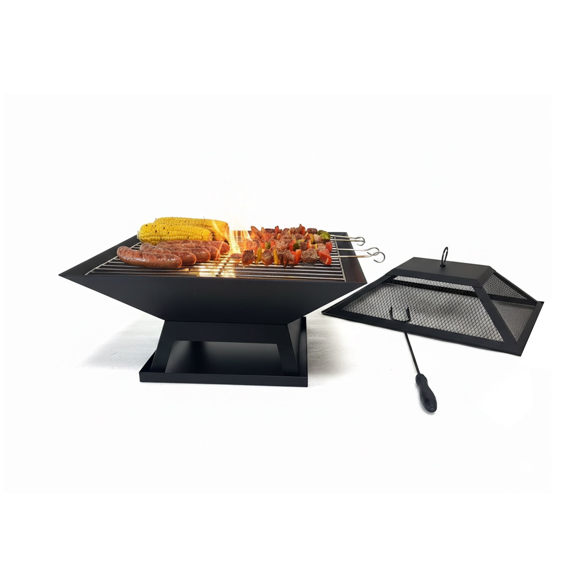 Feuerschale mit Funkenschutz & Grillrost Schwarz von Relaxdays