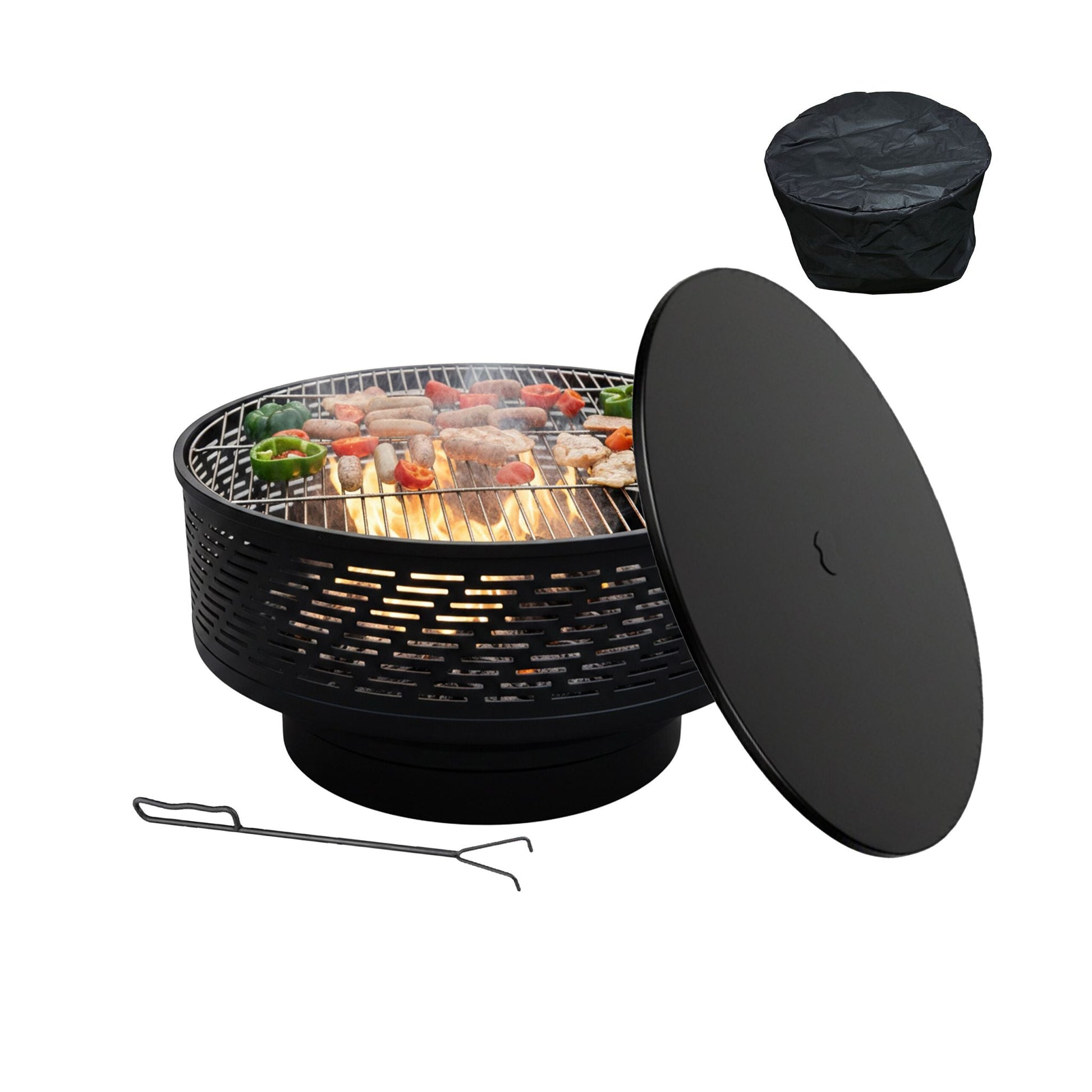 Feuerschale mit Deckel und Grill Schwarz von Relaxdays