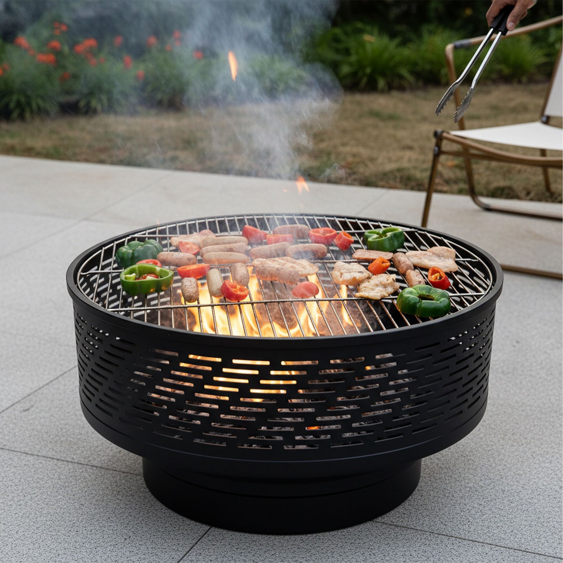 Feuerschale mit Deckel und Grill Schwarz von Relaxdays