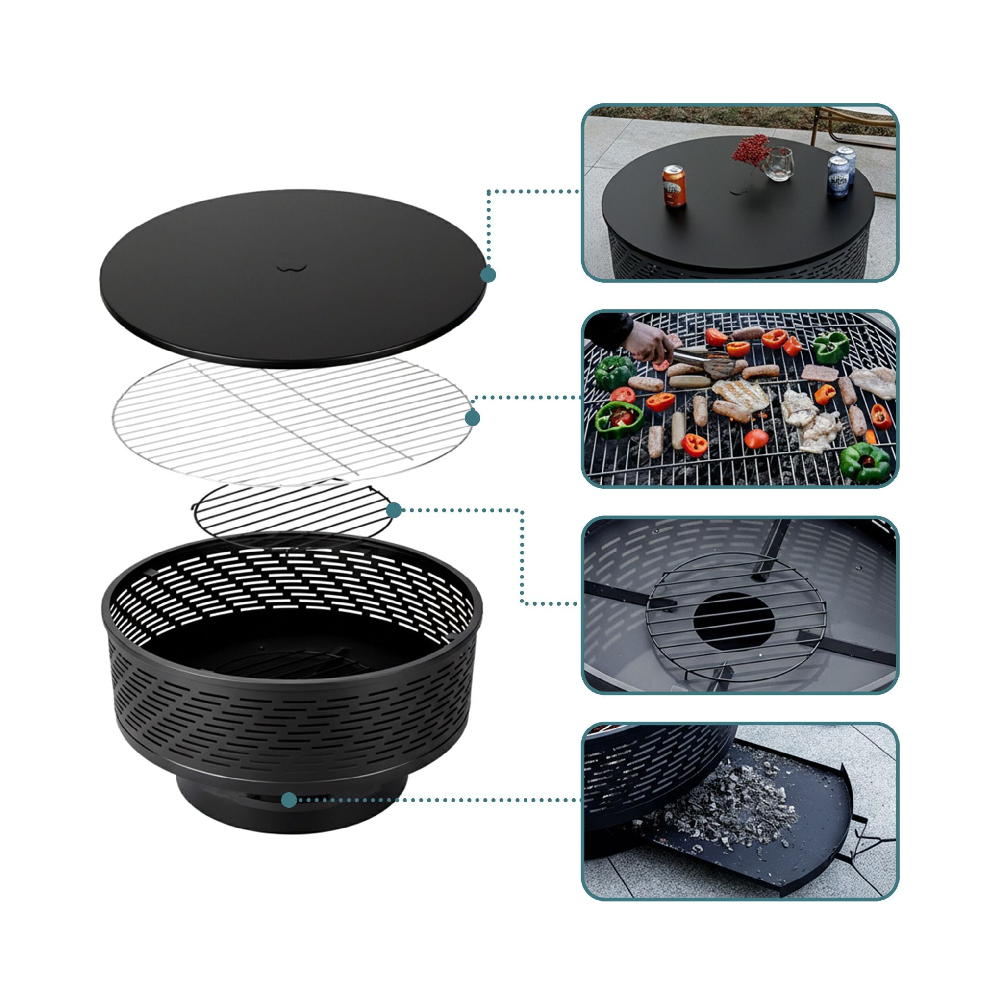 Feuerschale mit Deckel und Grill Schwarz von Relaxdays