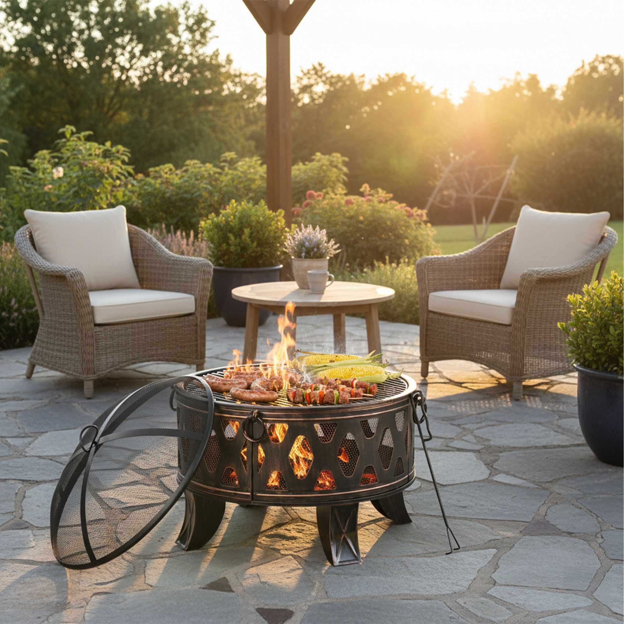 Feuerschale mit Grillrost Gold-Schwarz von Relaxdays
