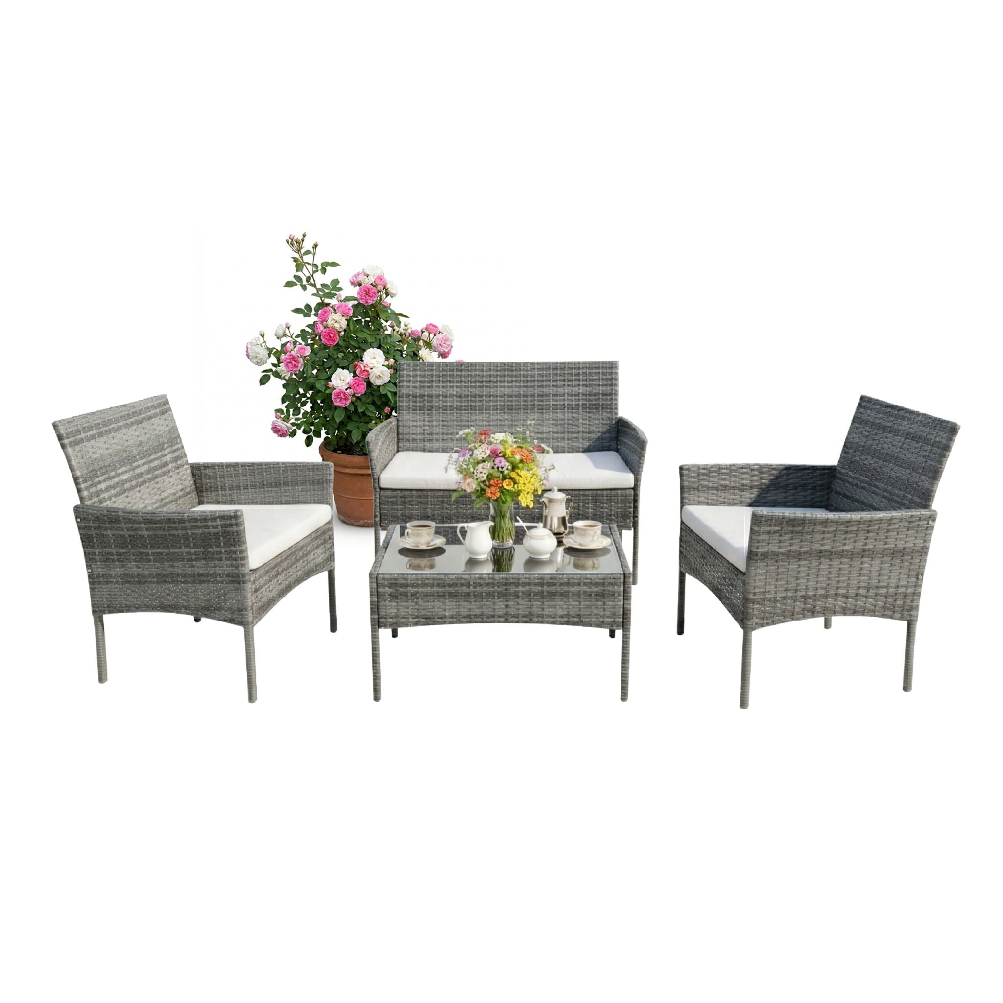 Gartenmöbel 4er-Set Rattan Creme-Grau von Relaxdays
