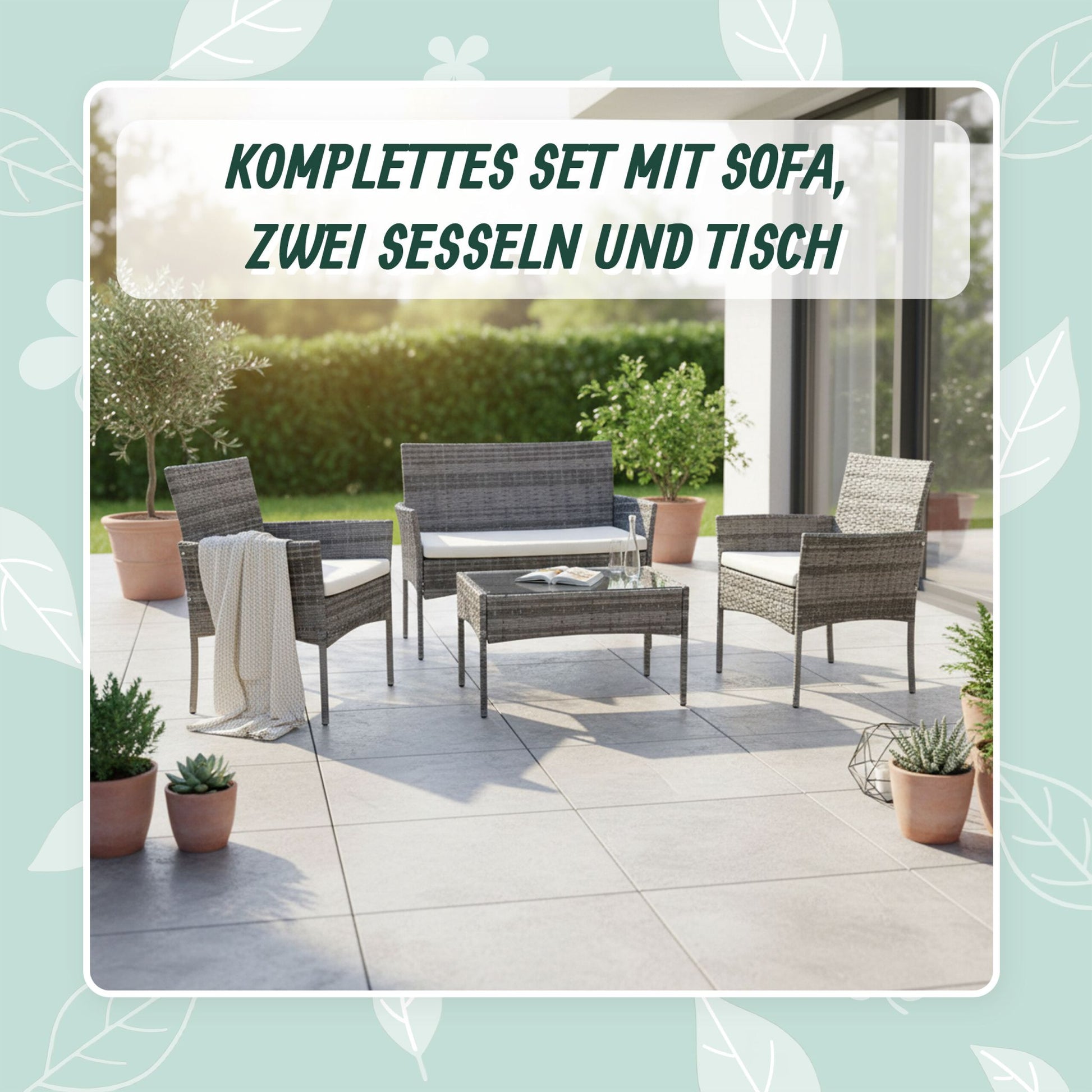Gartenmöbel 4er-Set Rattan Creme-Grau von Relaxdays