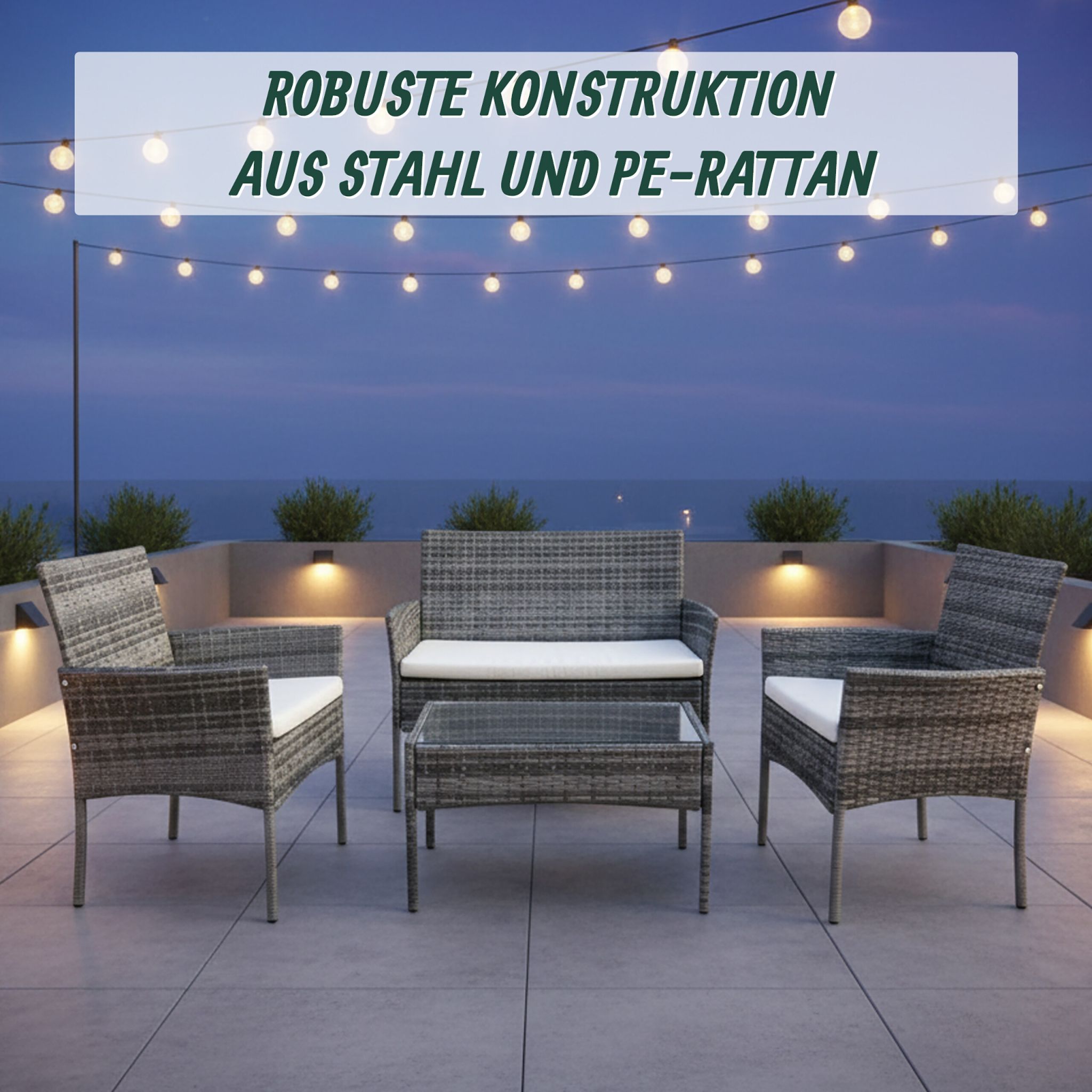 Gartenmöbel 4er-Set Rattan Creme-Grau von Relaxdays