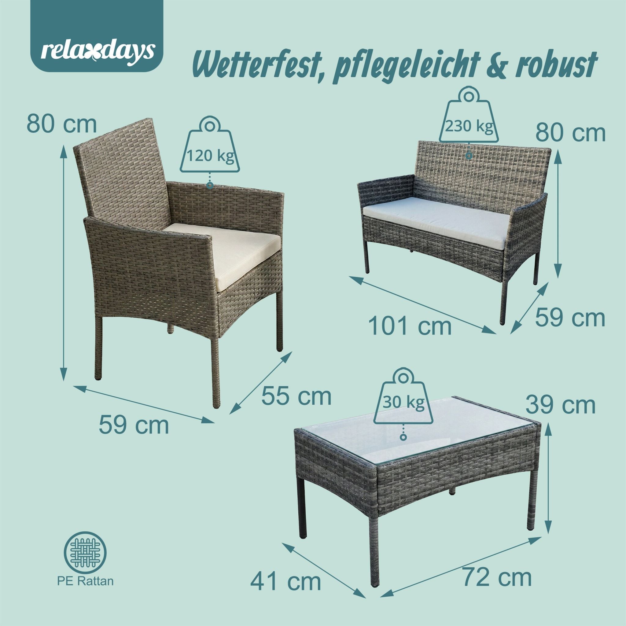 Gartenmöbel 4er-Set Rattan Creme-Grau von Relaxdays