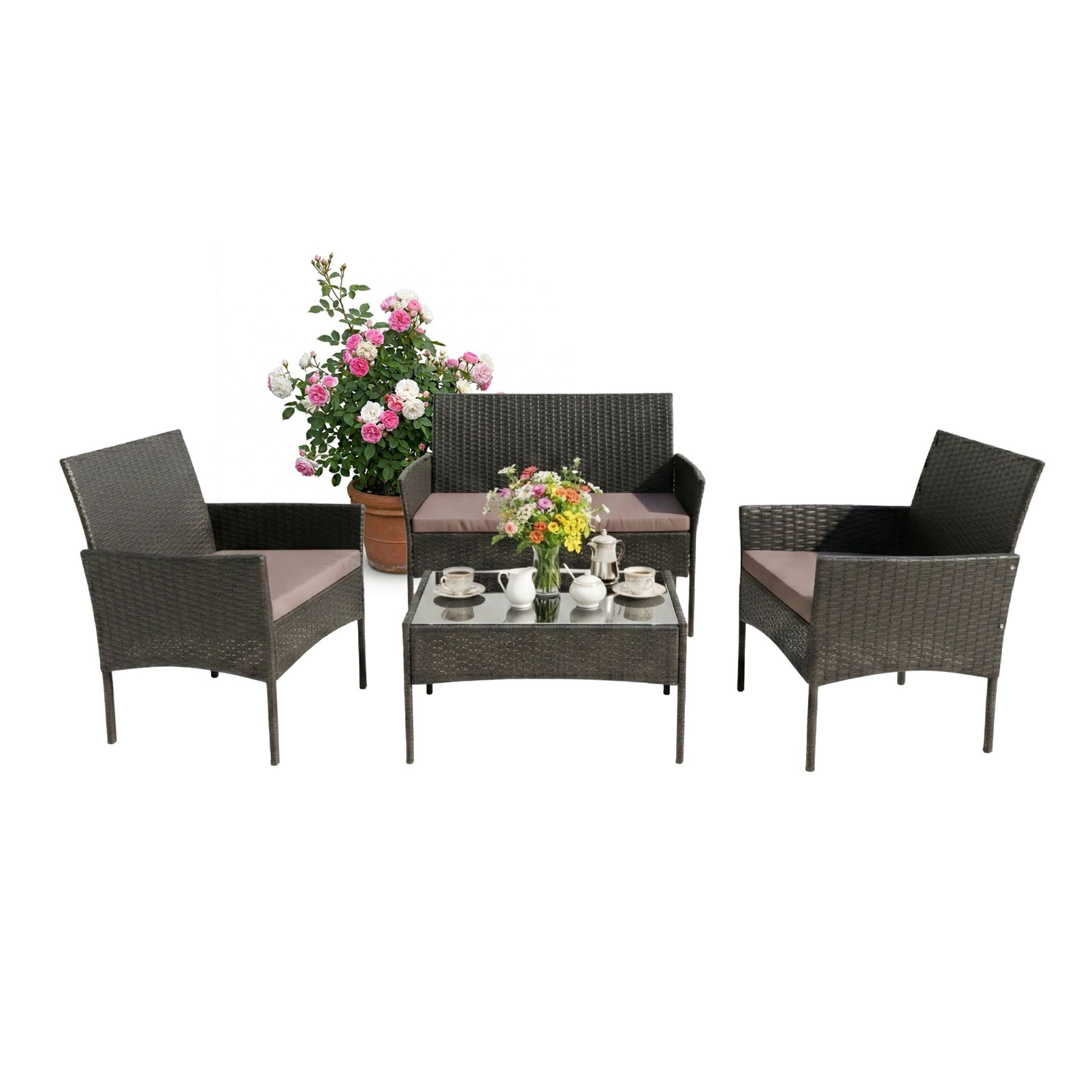 Gartenmöbel 4er-Set Rattan Schwarz-Grau von Relaxdays