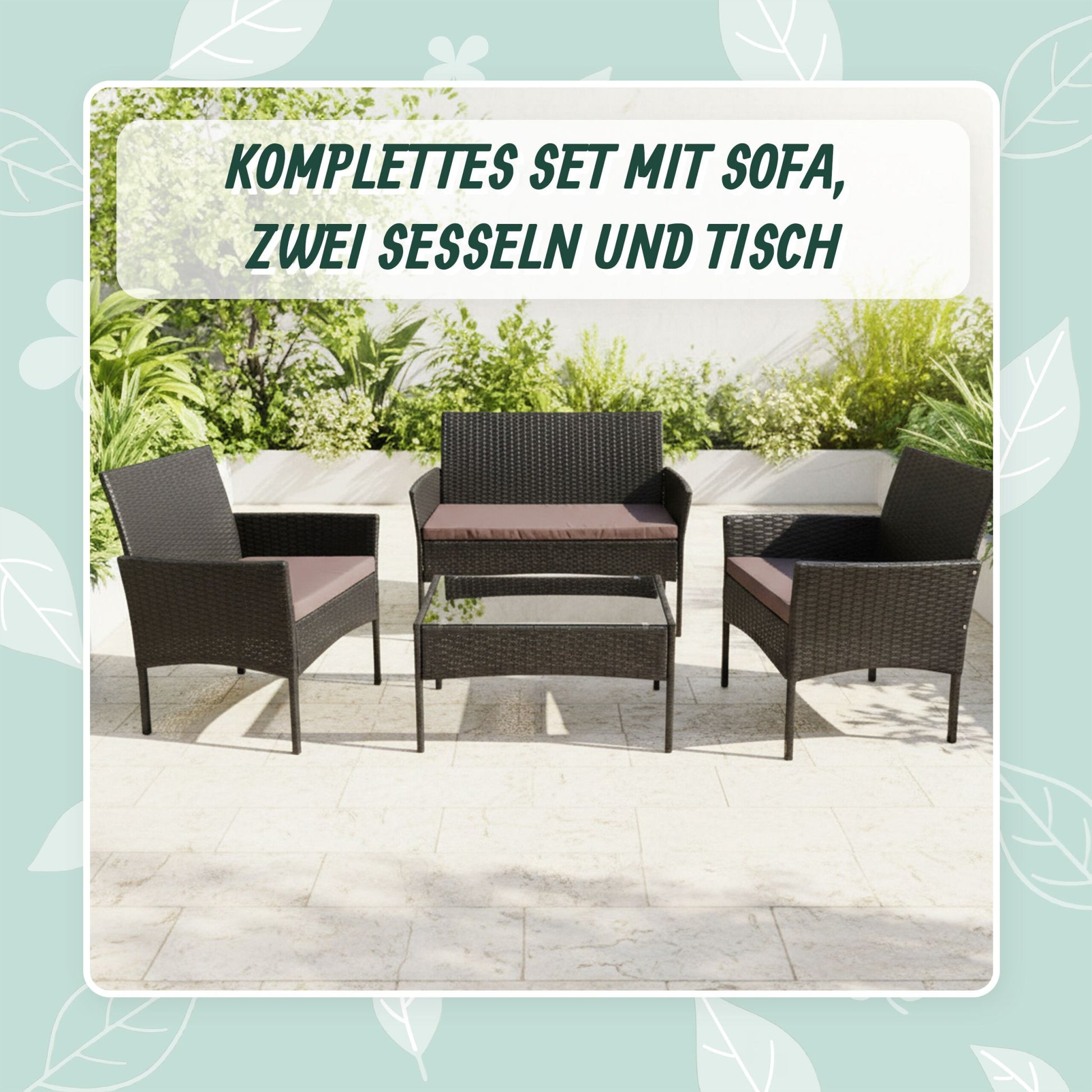 Gartenmöbel 4er-Set Rattan Schwarz-Grau von Relaxdays