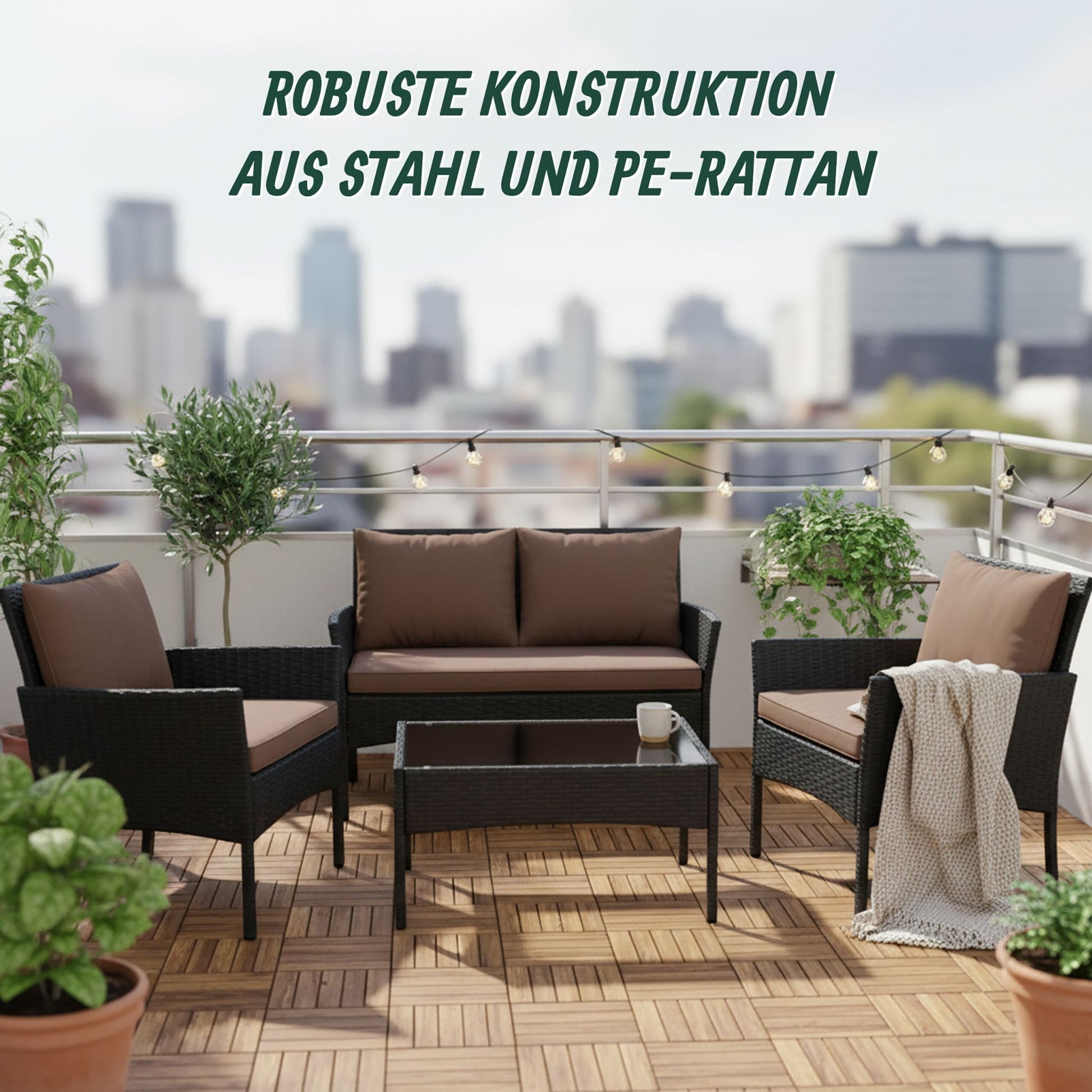 Gartenmöbel 4er-Set Rattan Schwarz-Grau von Relaxdays