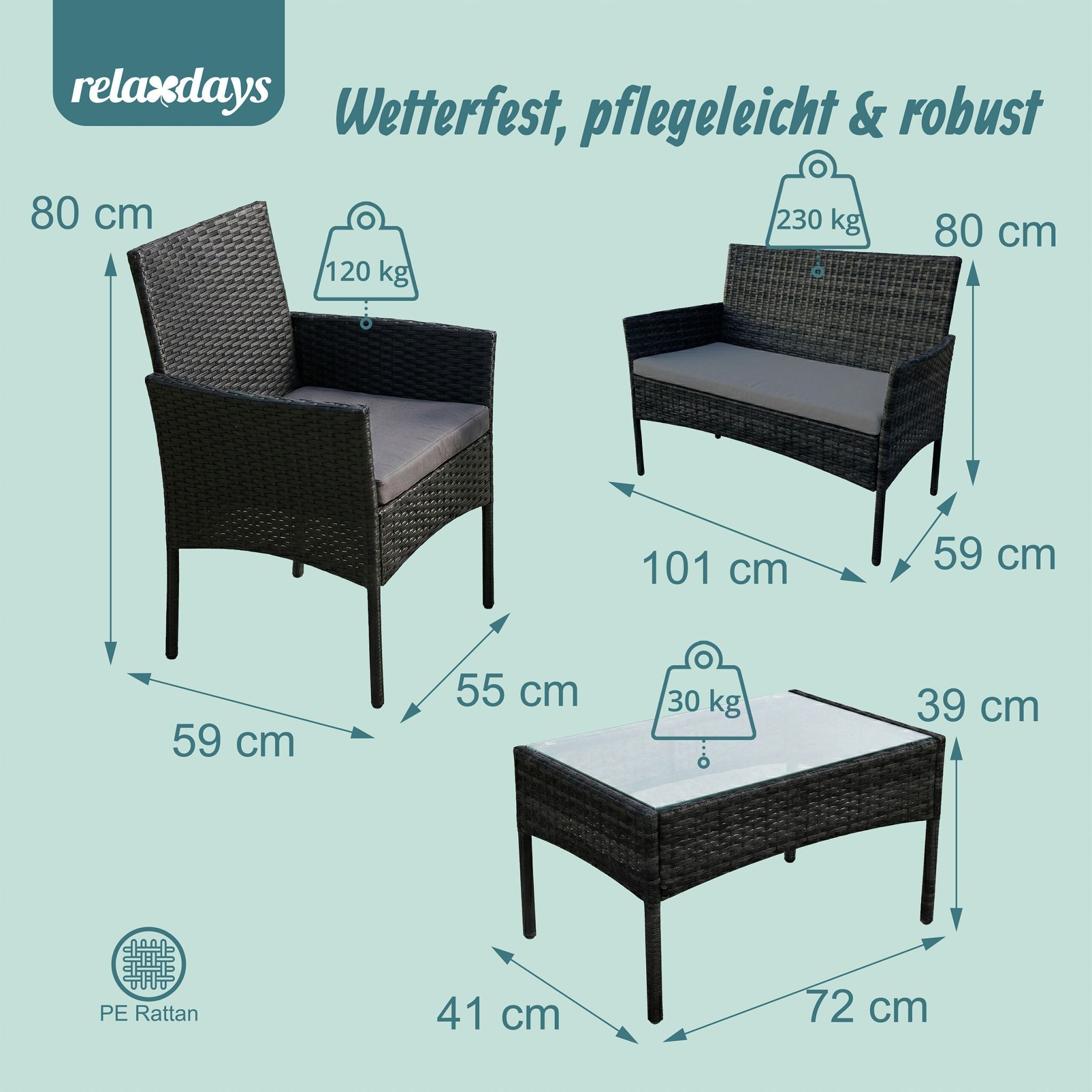 Gartenmöbel 4er-Set Rattan Schwarz-Grau von Relaxdays