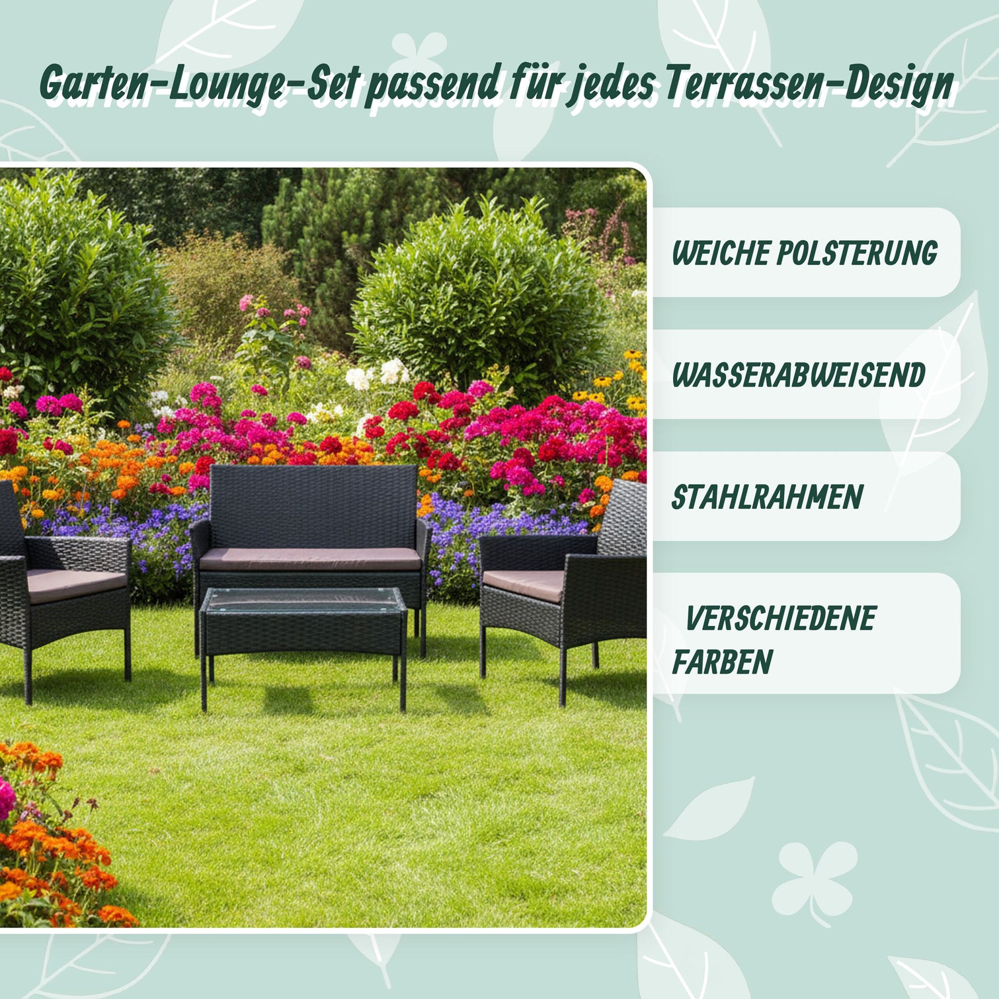 Gartenmöbel 4er-Set Rattan Schwarz-Grau von Relaxdays