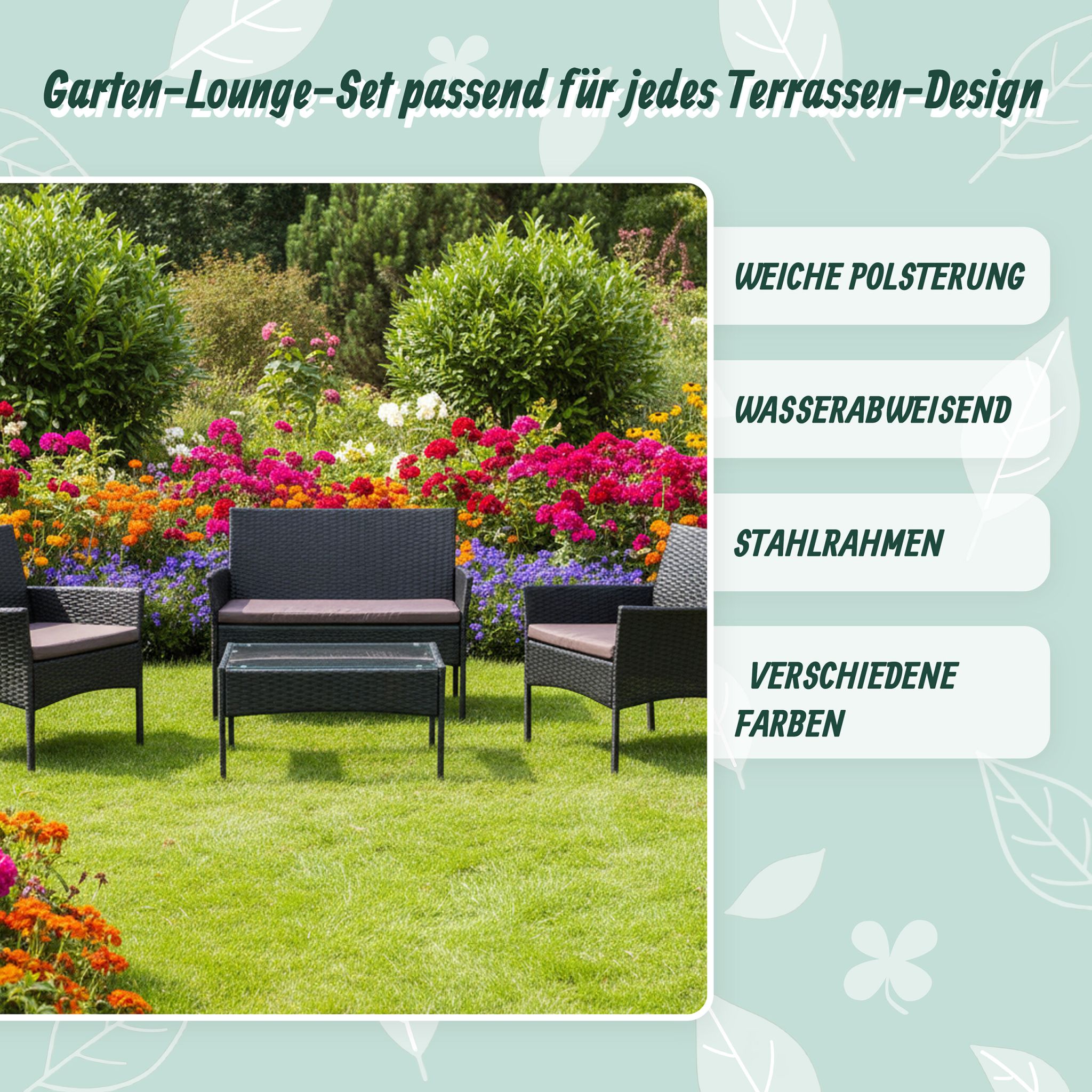 Gartenmöbel 4er-Set Rattan Schwarz-Grau von Relaxdays