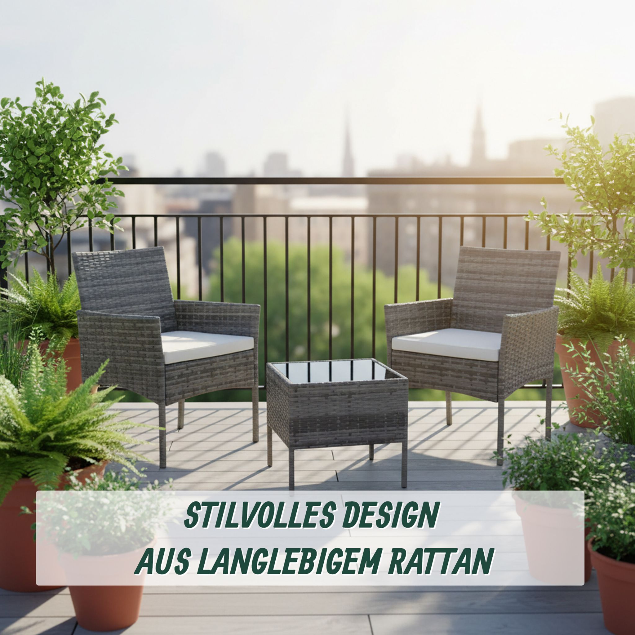 Gartenmöbel 3er-Set Rattan Creme-Schwarz-Grau
