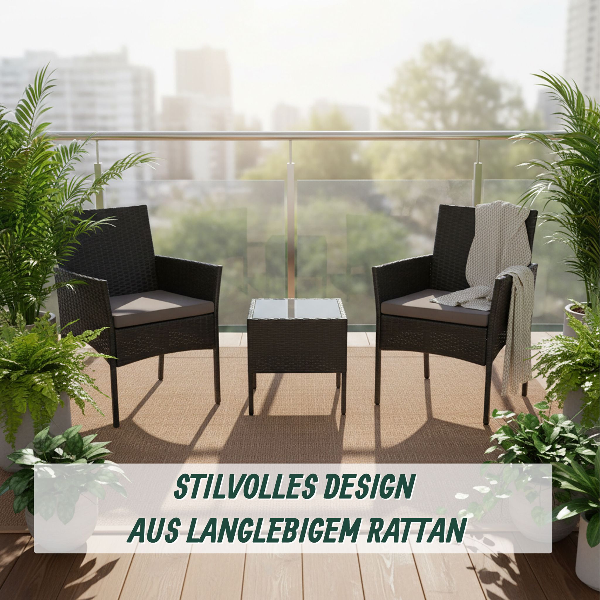 Gartenmöbel 3er-Set Rattan Schwarz-Grau