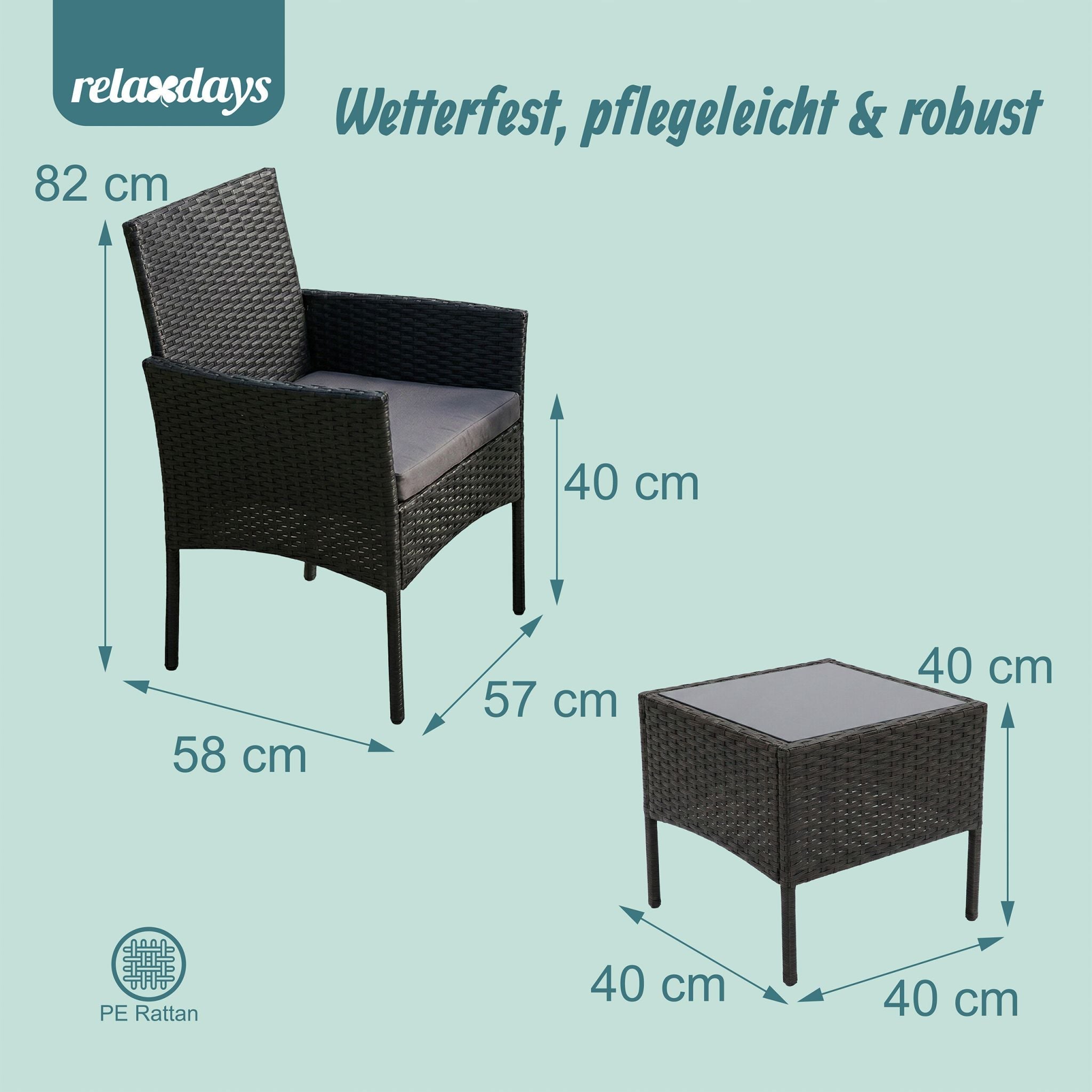 Gartenmöbel 3er-Set Rattan Schwarz-Grau