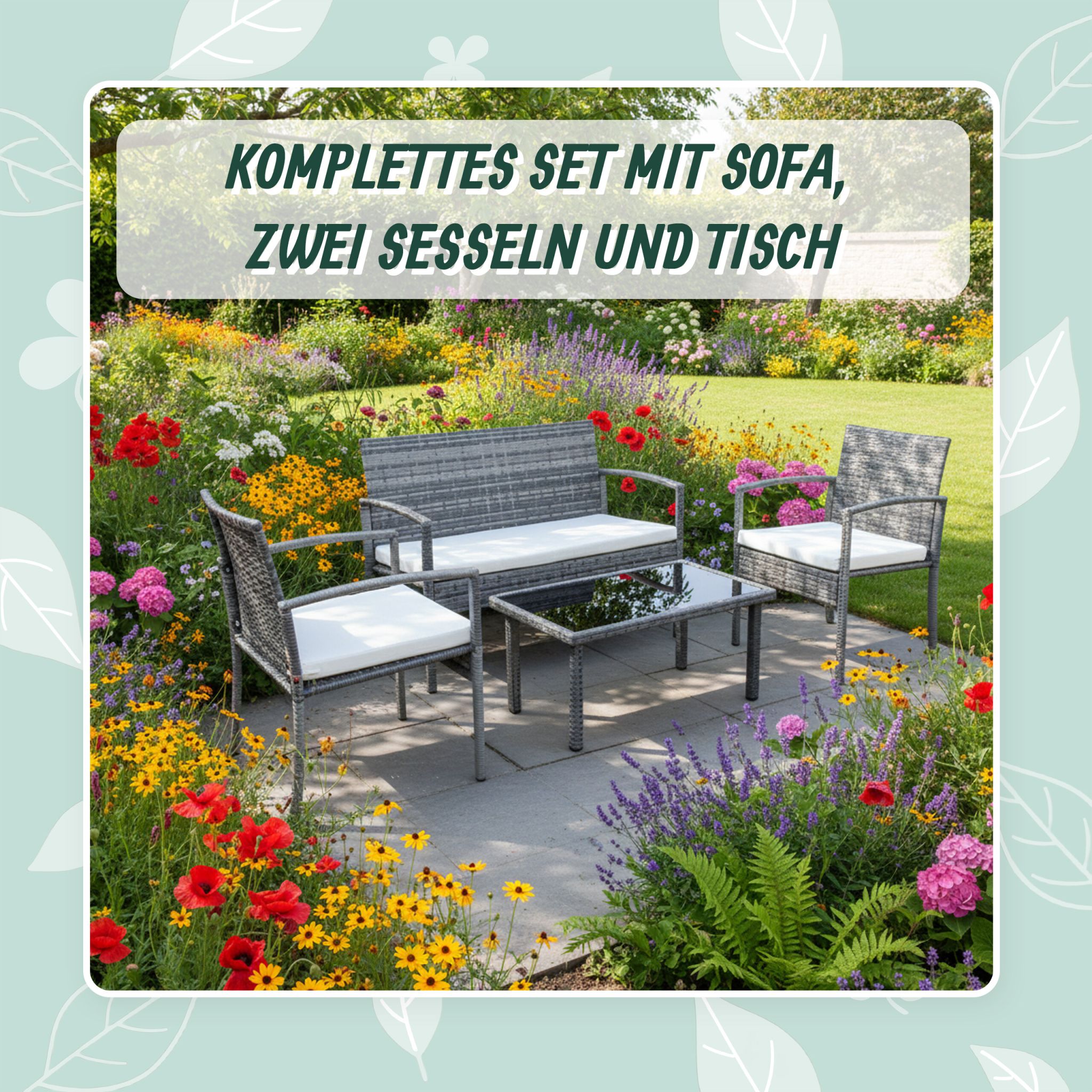 Gartenmöbel 4er-Set Rattan Creme-Grau