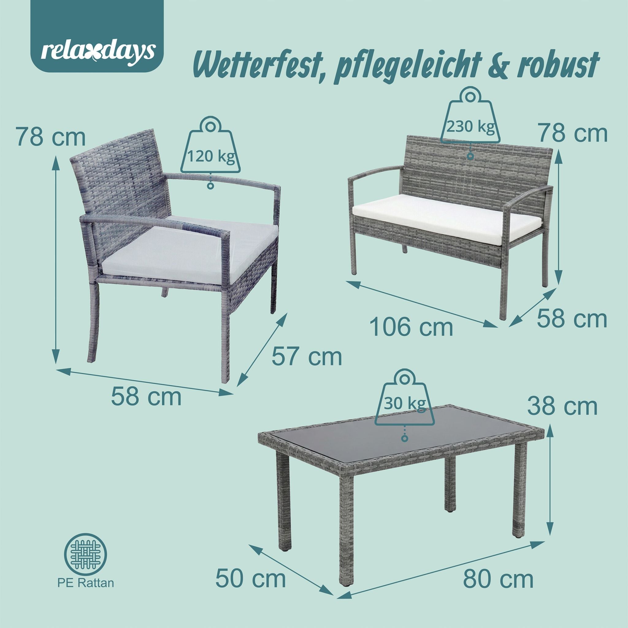Gartenmöbel 4er-Set Rattan Creme-Grau