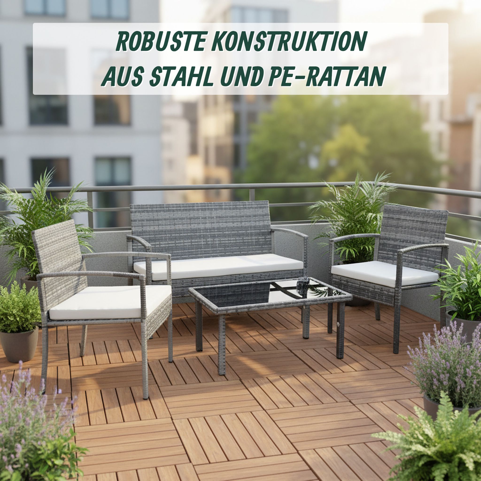 Gartenmöbel 4er-Set Rattan Creme-Grau