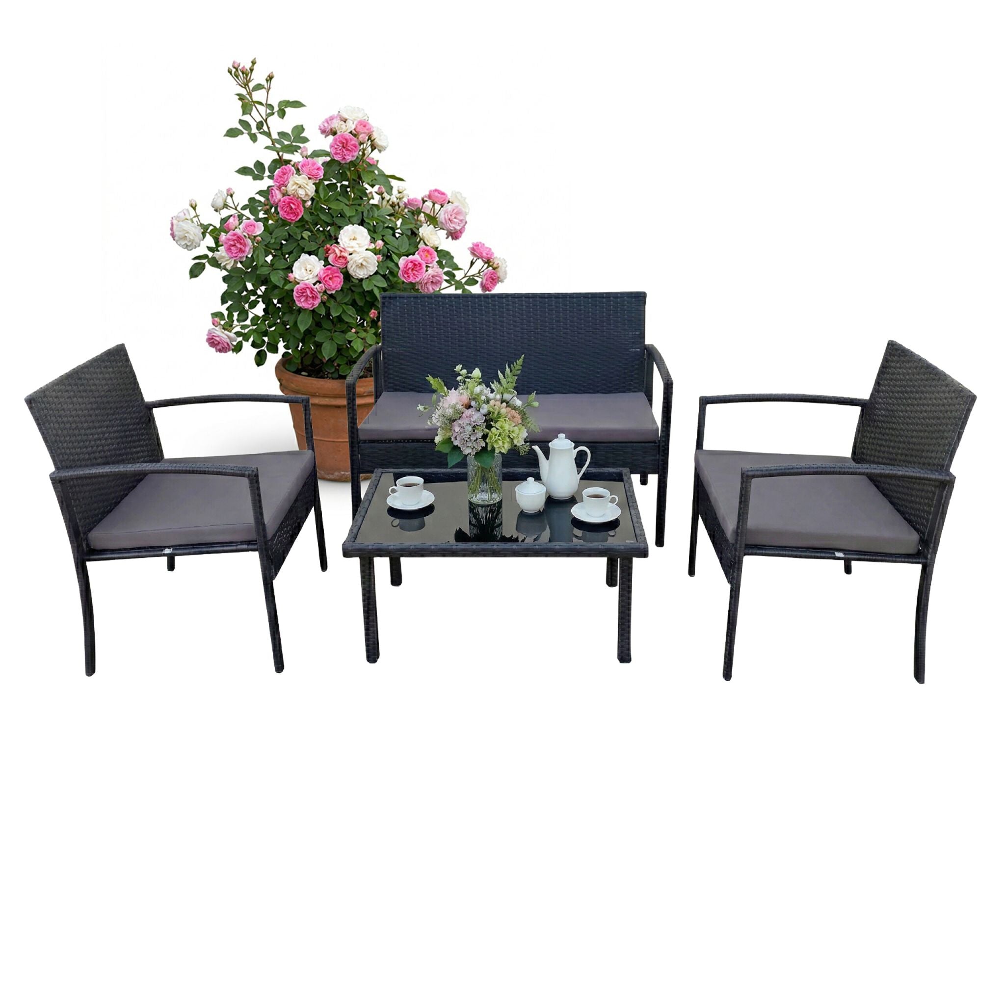 Gartenmöbel 4er-Set Rattan Schwarz-Grau von Relaxdays