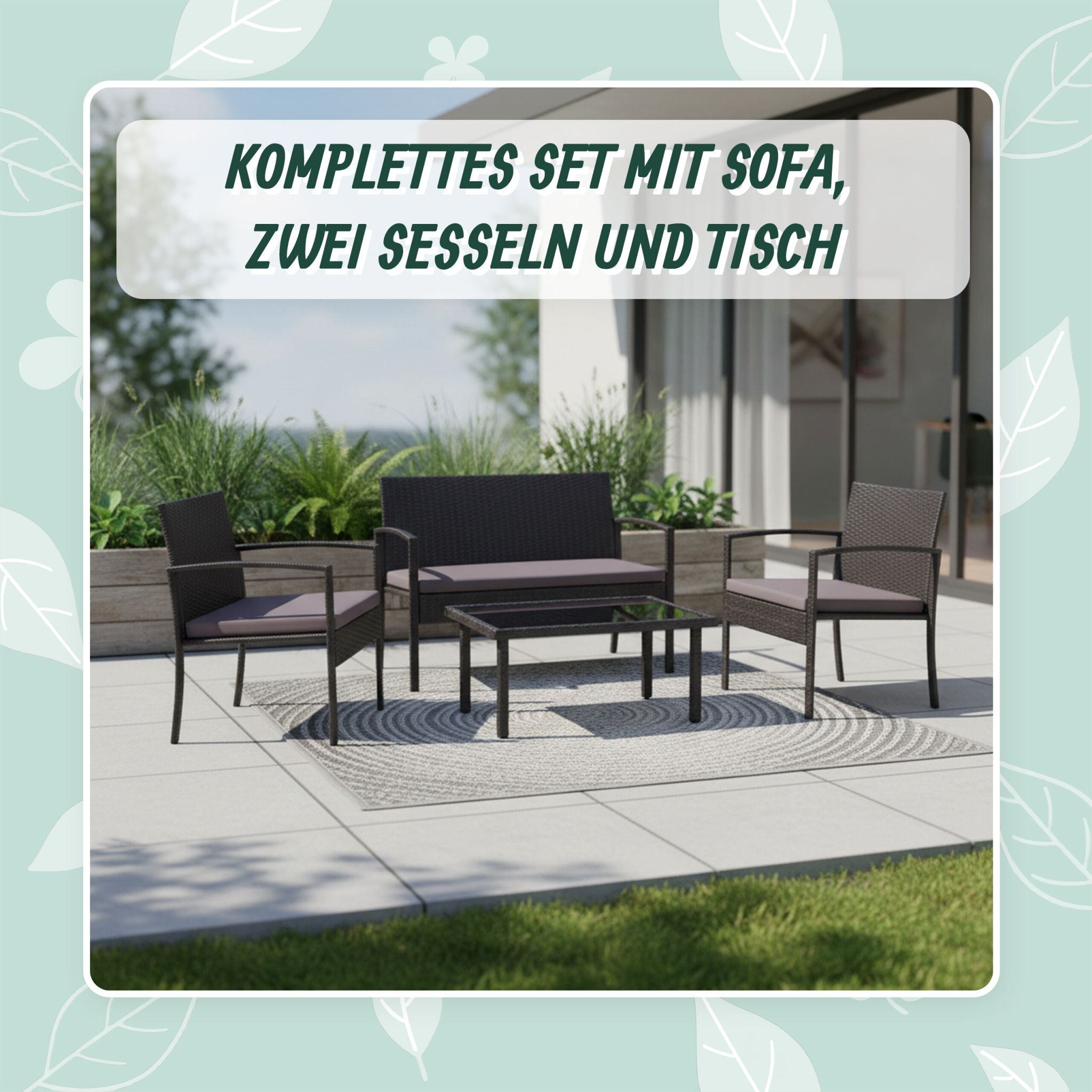 Gartenmöbel 4er-Set Rattan Schwarz-Grau von Relaxdays