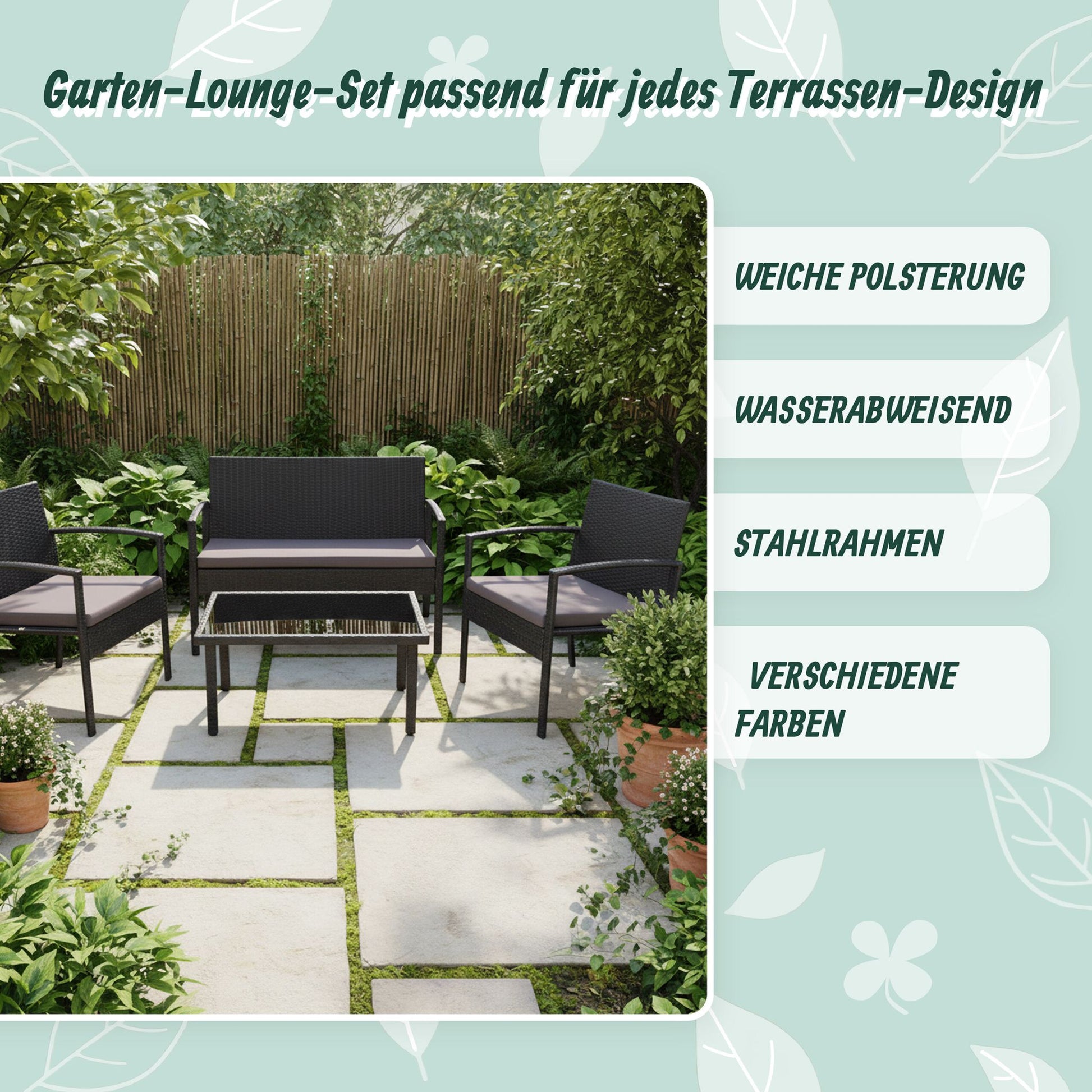 Gartenmöbel 4er-Set Rattan Schwarz-Grau von Relaxdays