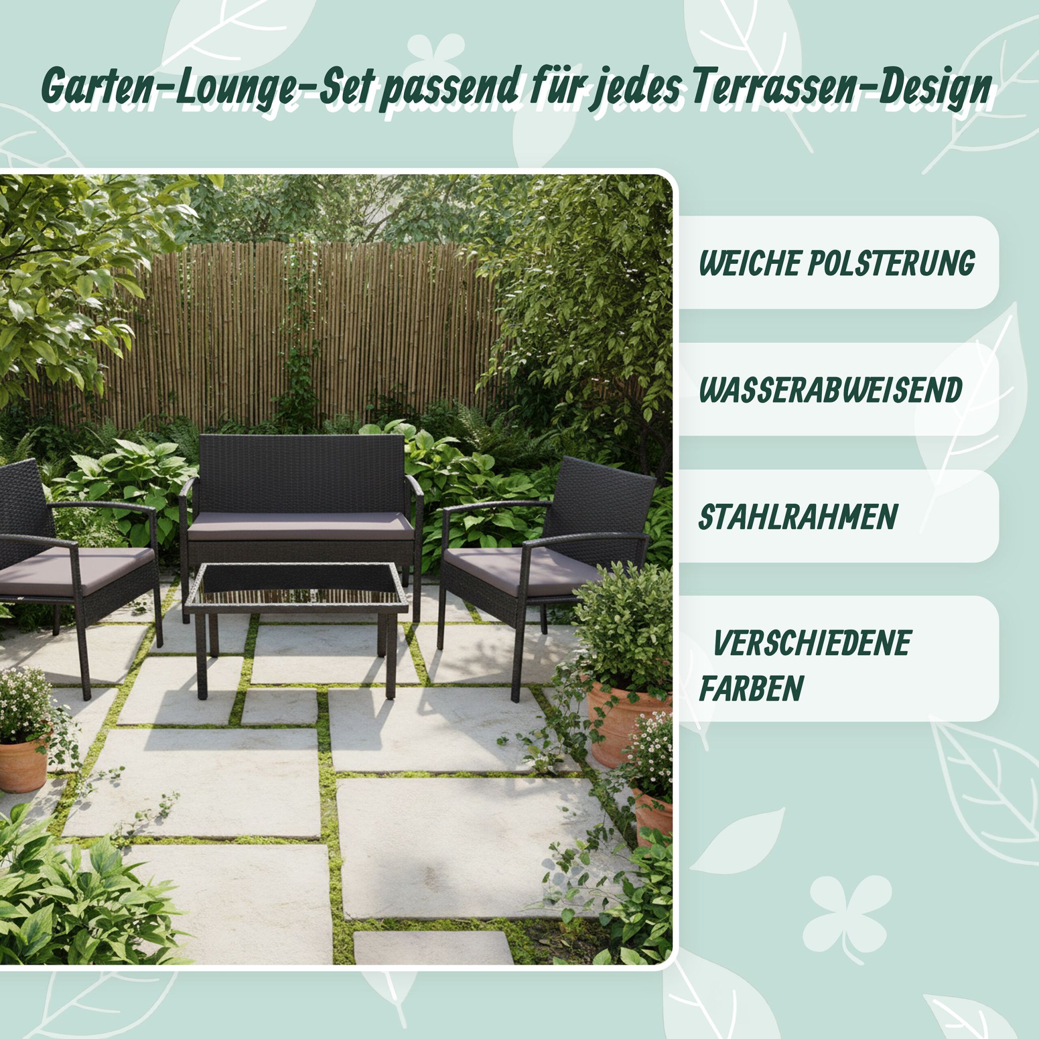 Gartenmöbel 4er-Set Rattan Schwarz-Grau von Relaxdays