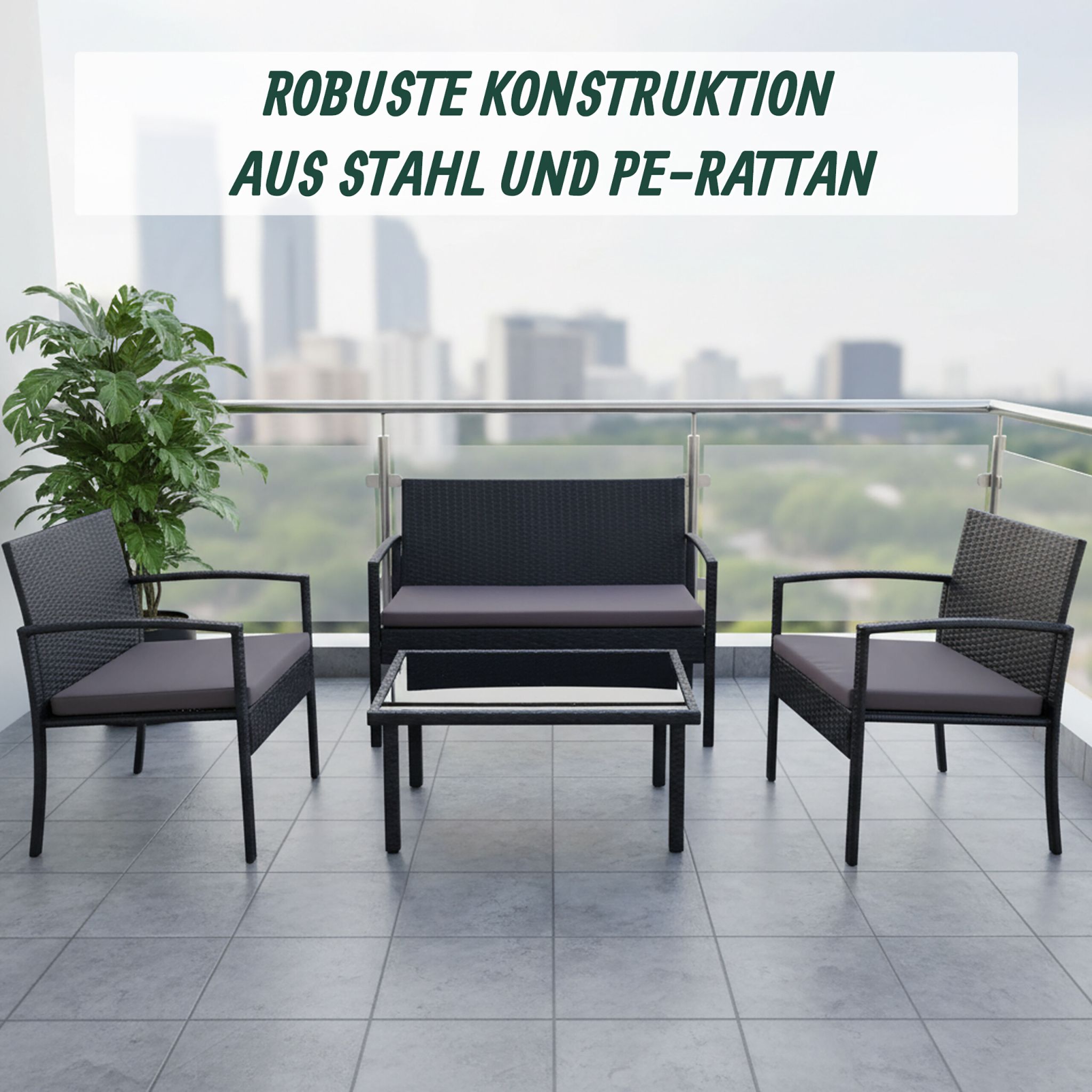 Gartenmöbel 4er-Set Rattan Schwarz-Grau von Relaxdays