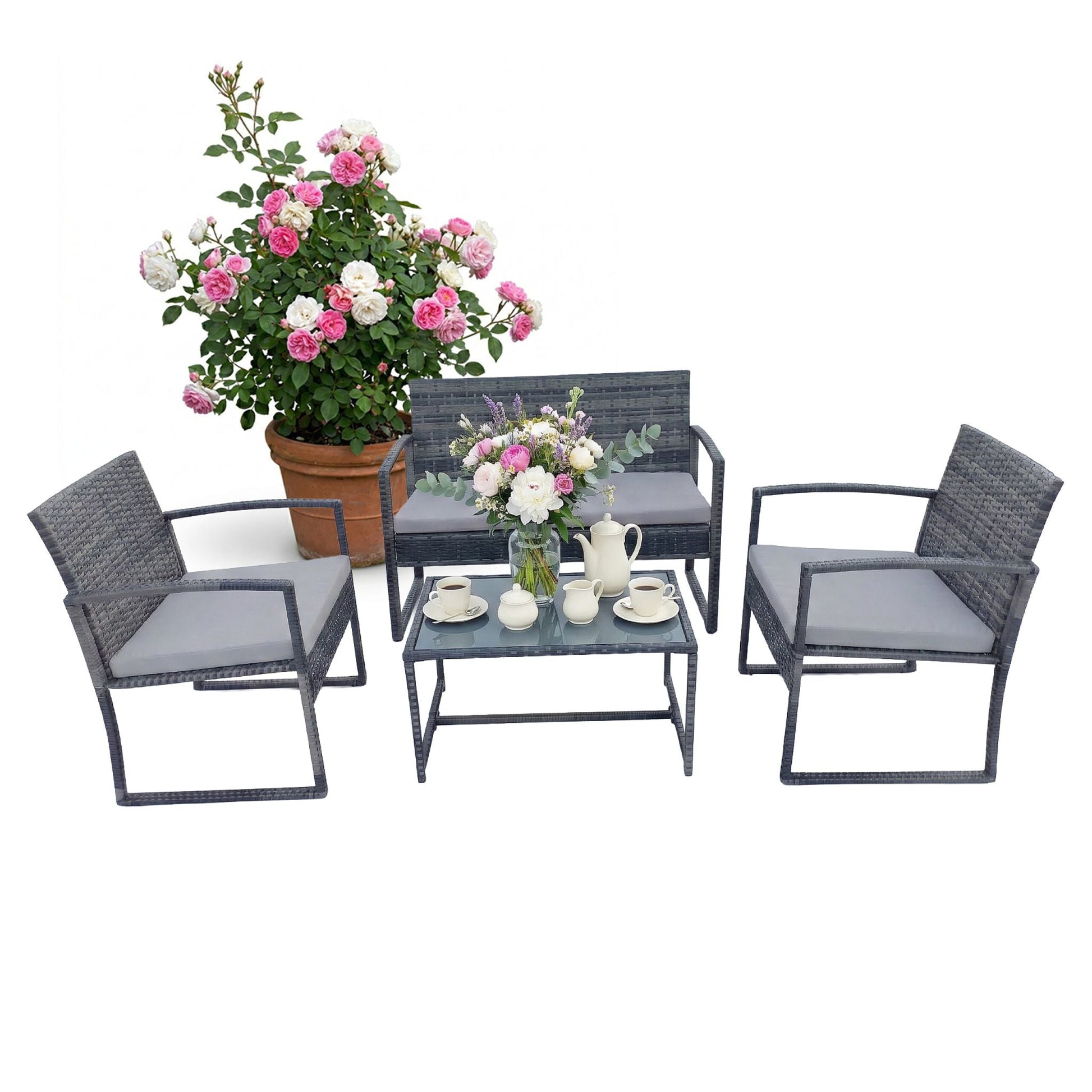 Gartenmöbel 4er-Set Rattan Creme-Grau von Relaxdays
