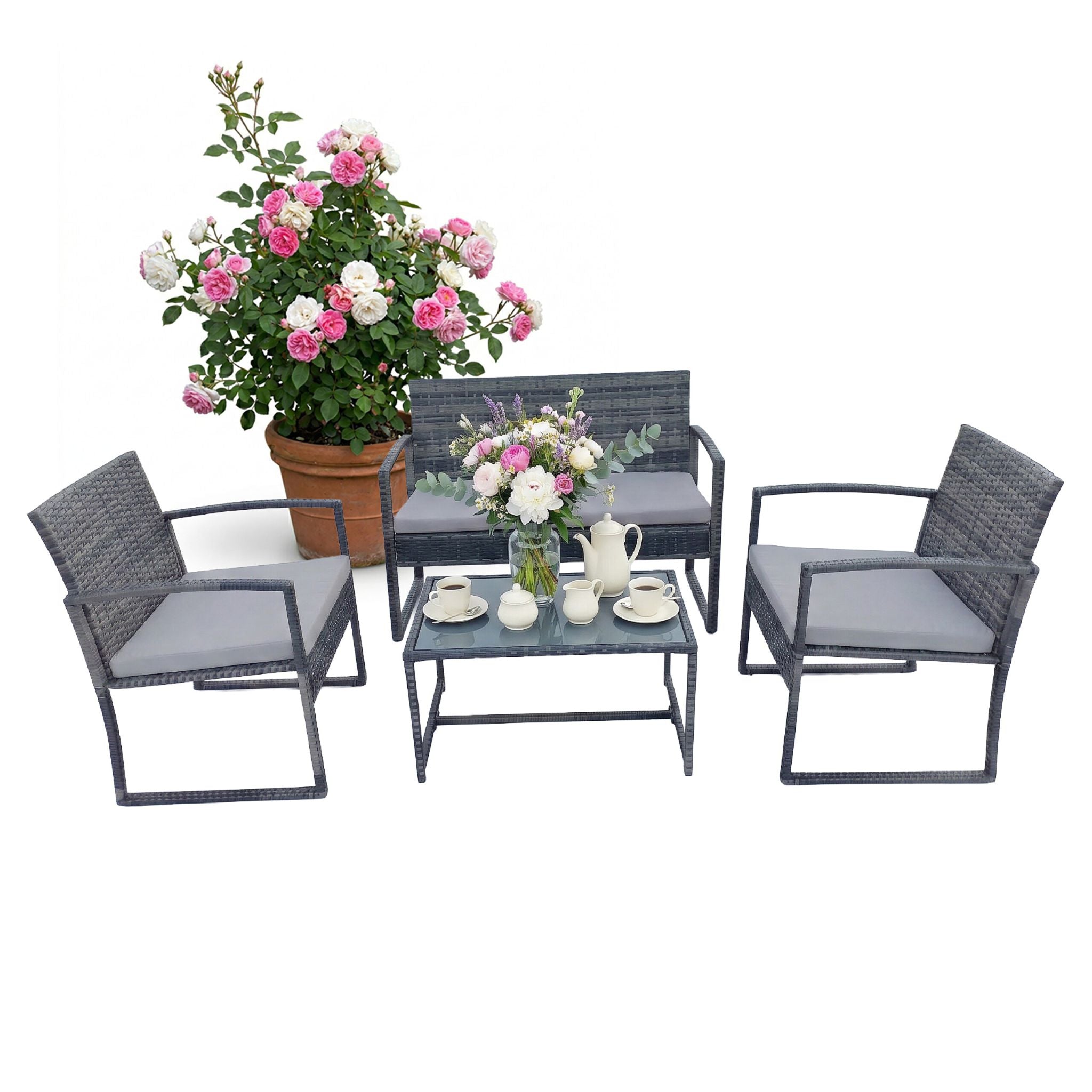 Gartenmöbel 4er-Set Rattan Creme-Grau von Relaxdays