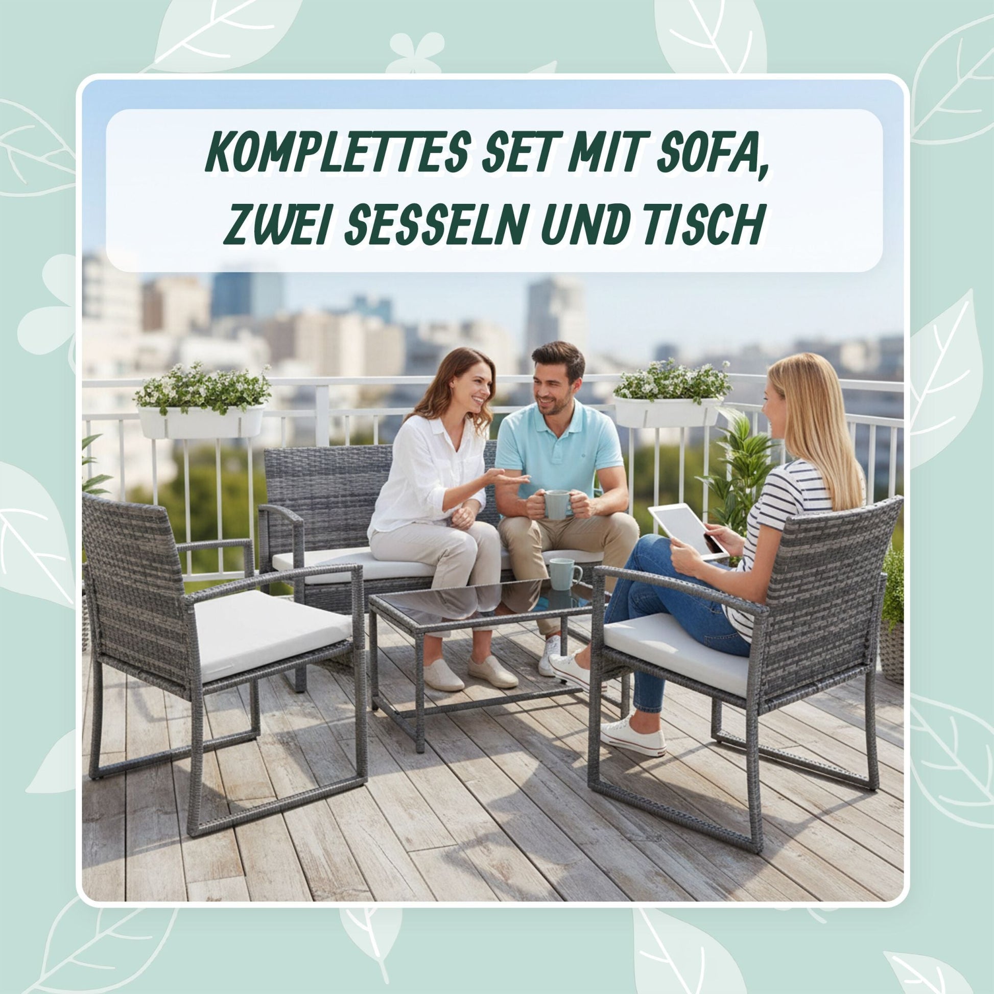 Gartenmöbel 4er-Set Rattan Creme-Grau von Relaxdays